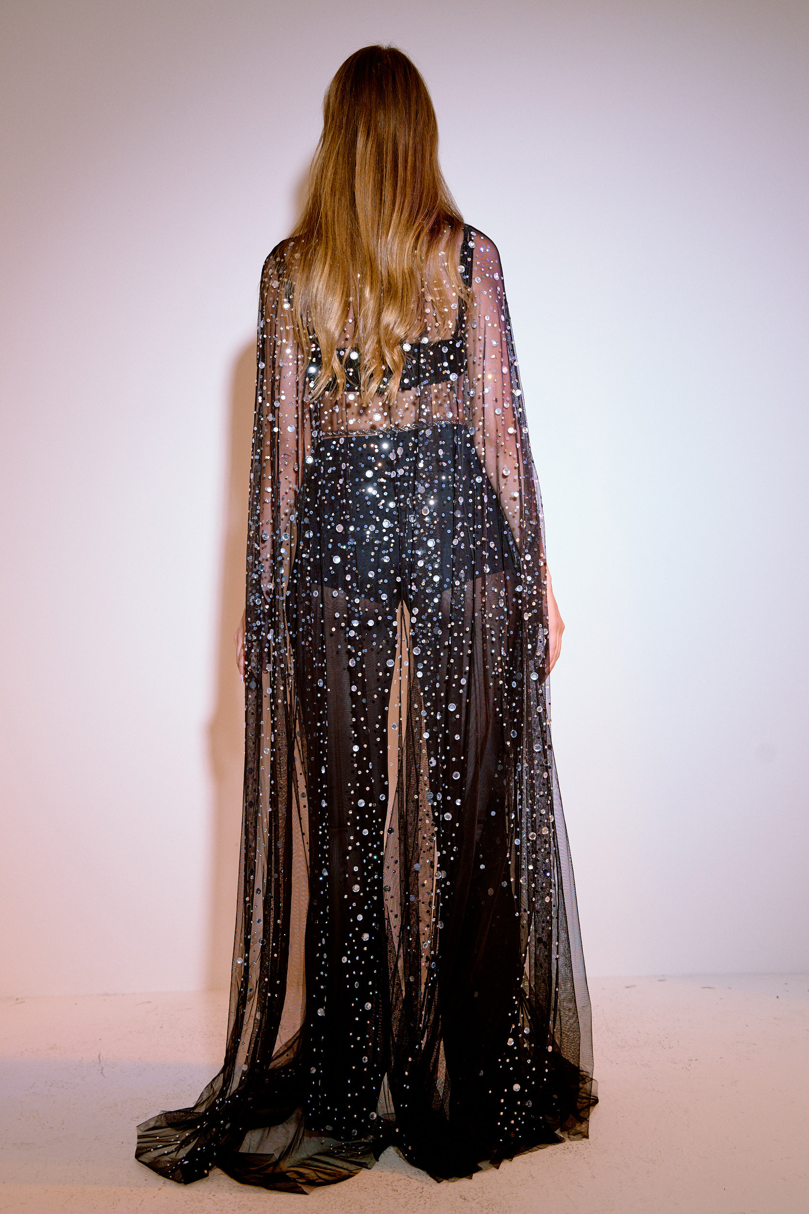 Embellished Mesh Cape in Black