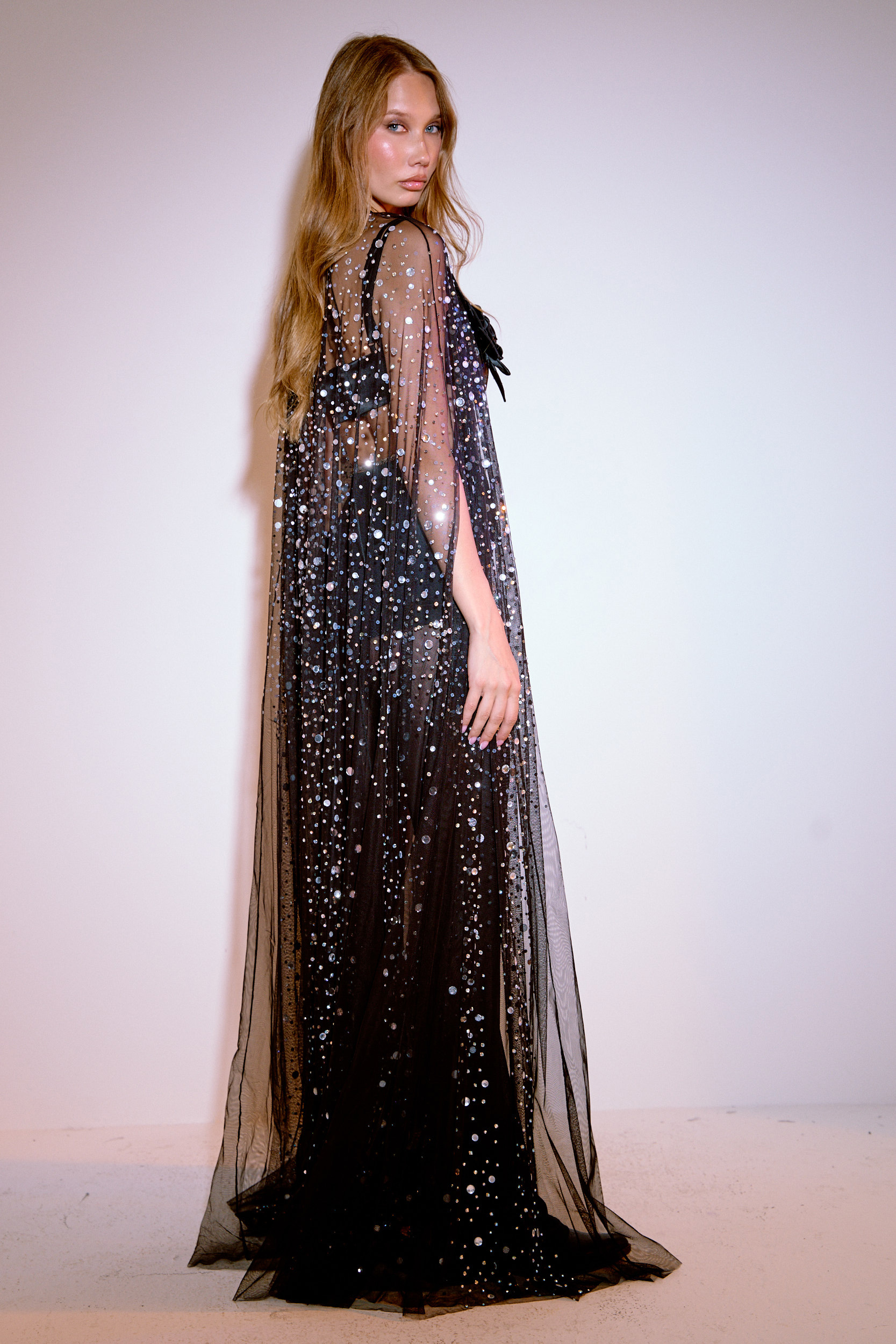 Embellished Mesh Cape in Black