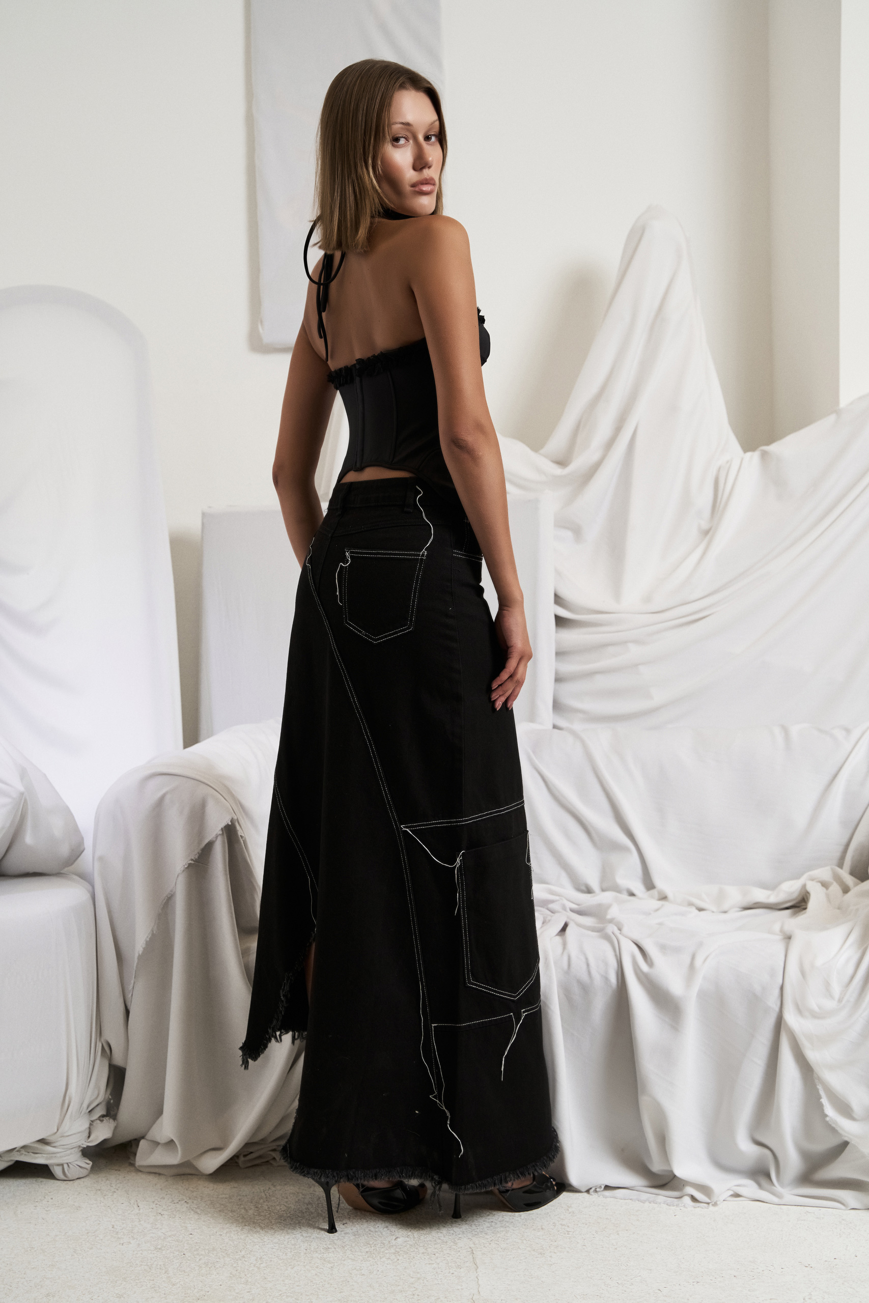Black Pieced Denim Maxi Skirt