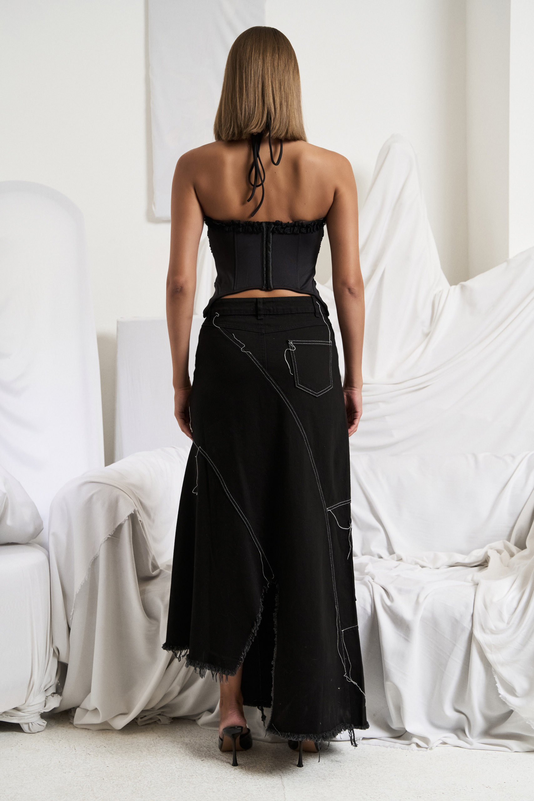 Black Pieced Denim Maxi Skirt
