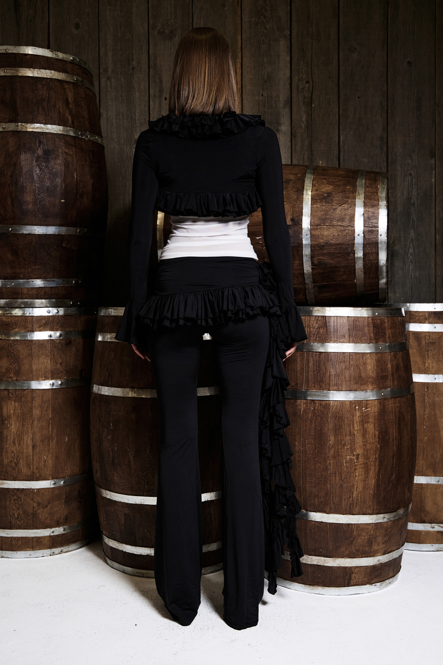 Black-Offwhite Ruffle-Trim Bolero with Mesh Cami & Pants Set