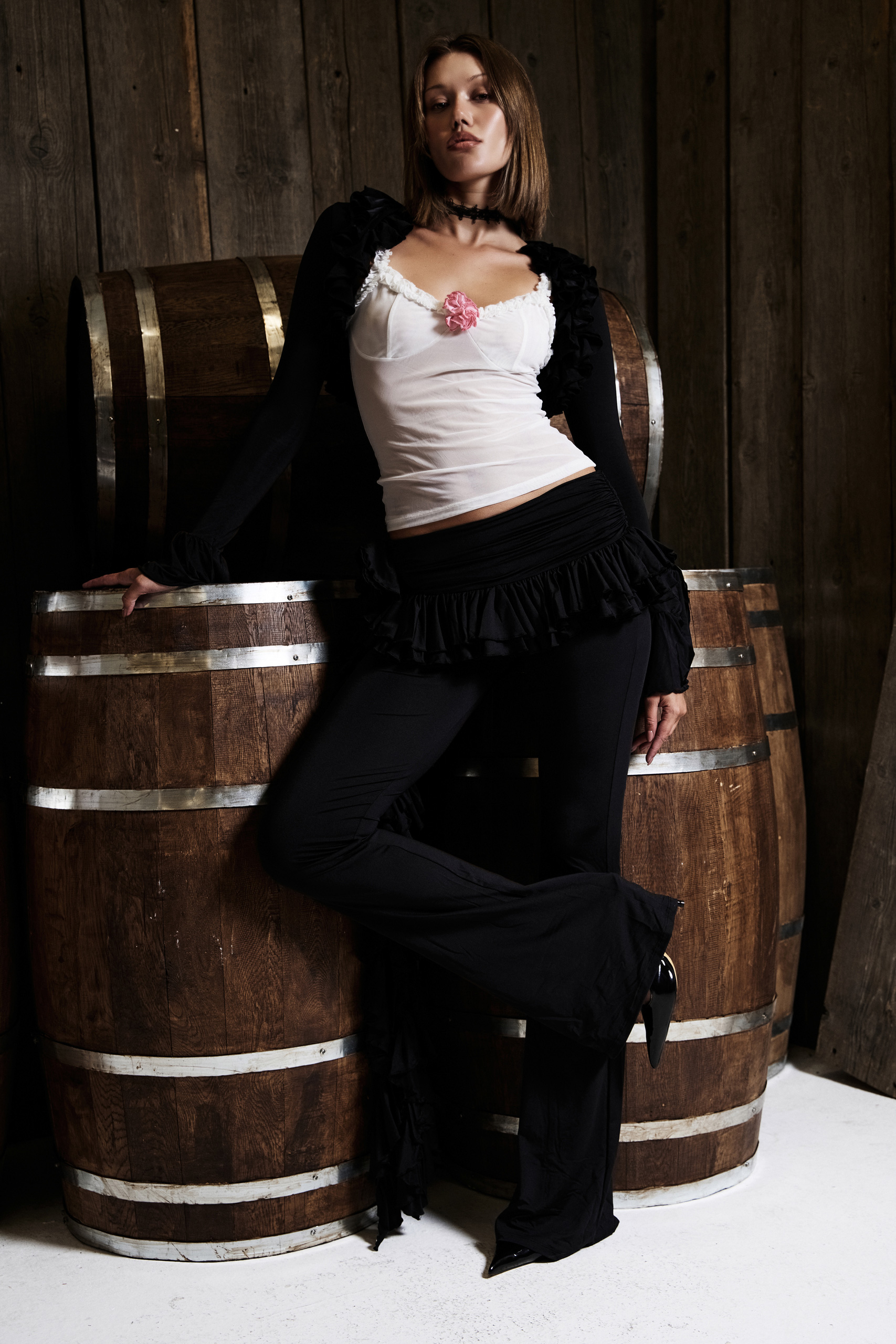Black-Offwhite Ruffle-Trim Bolero with Mesh Cami & Pants Set