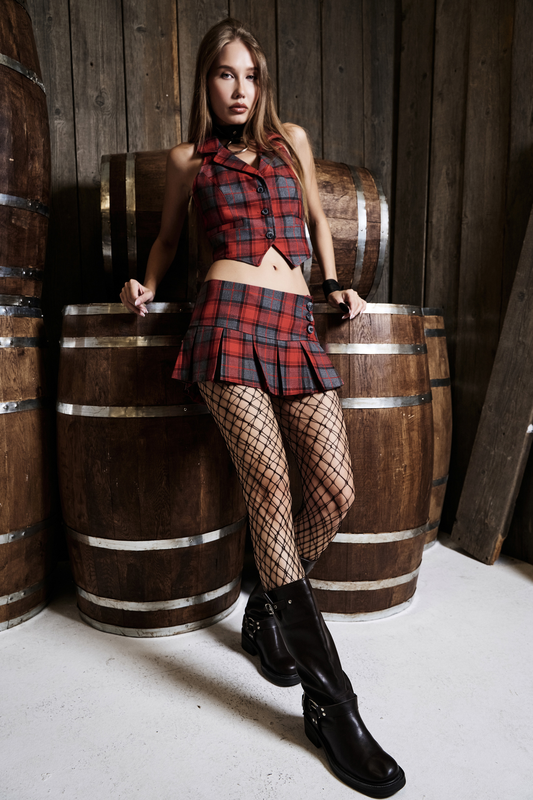 Black Red Plaid Vest & Mini Skirt Set