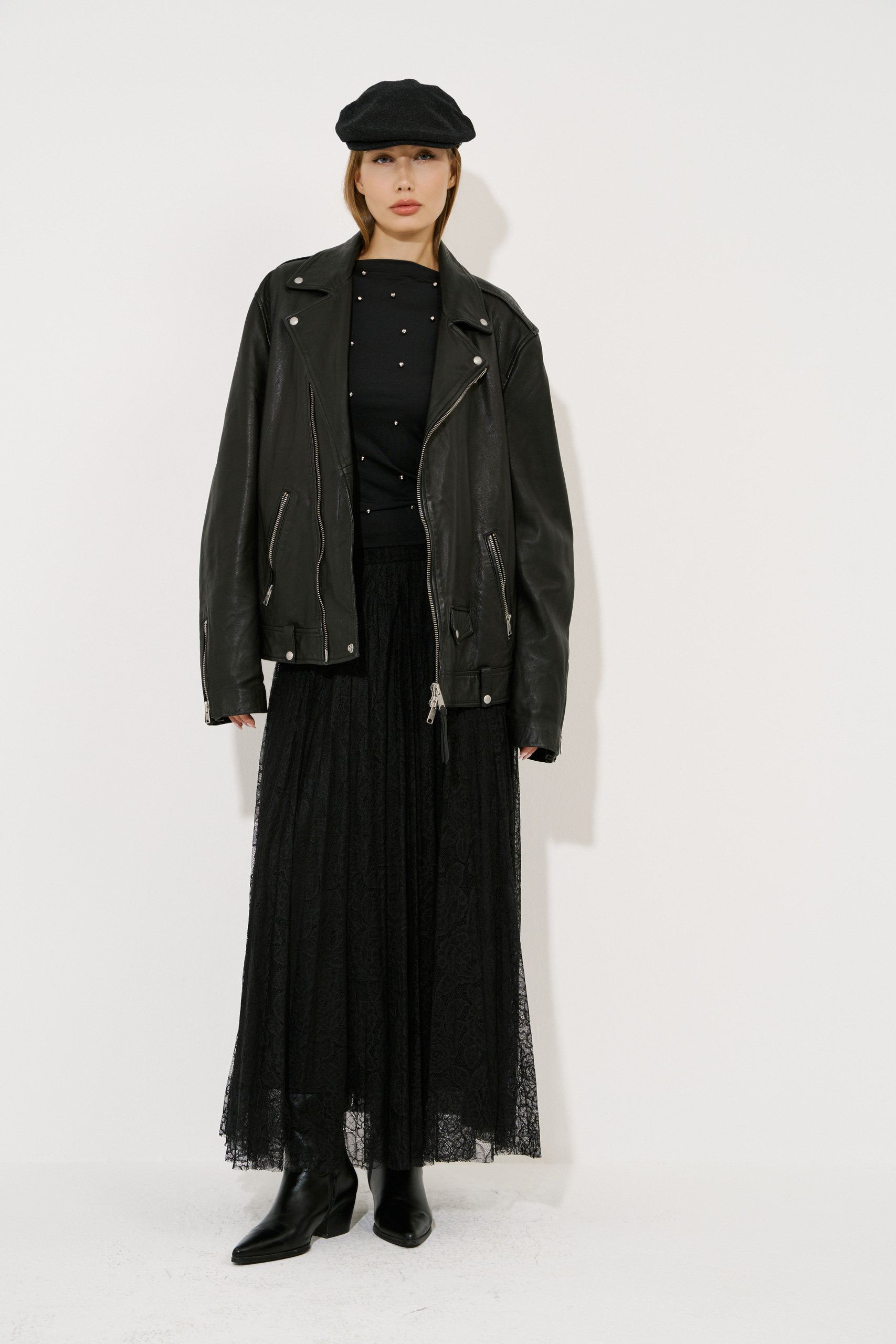 Black Pleated Lace Skirt with Elasticated Waist