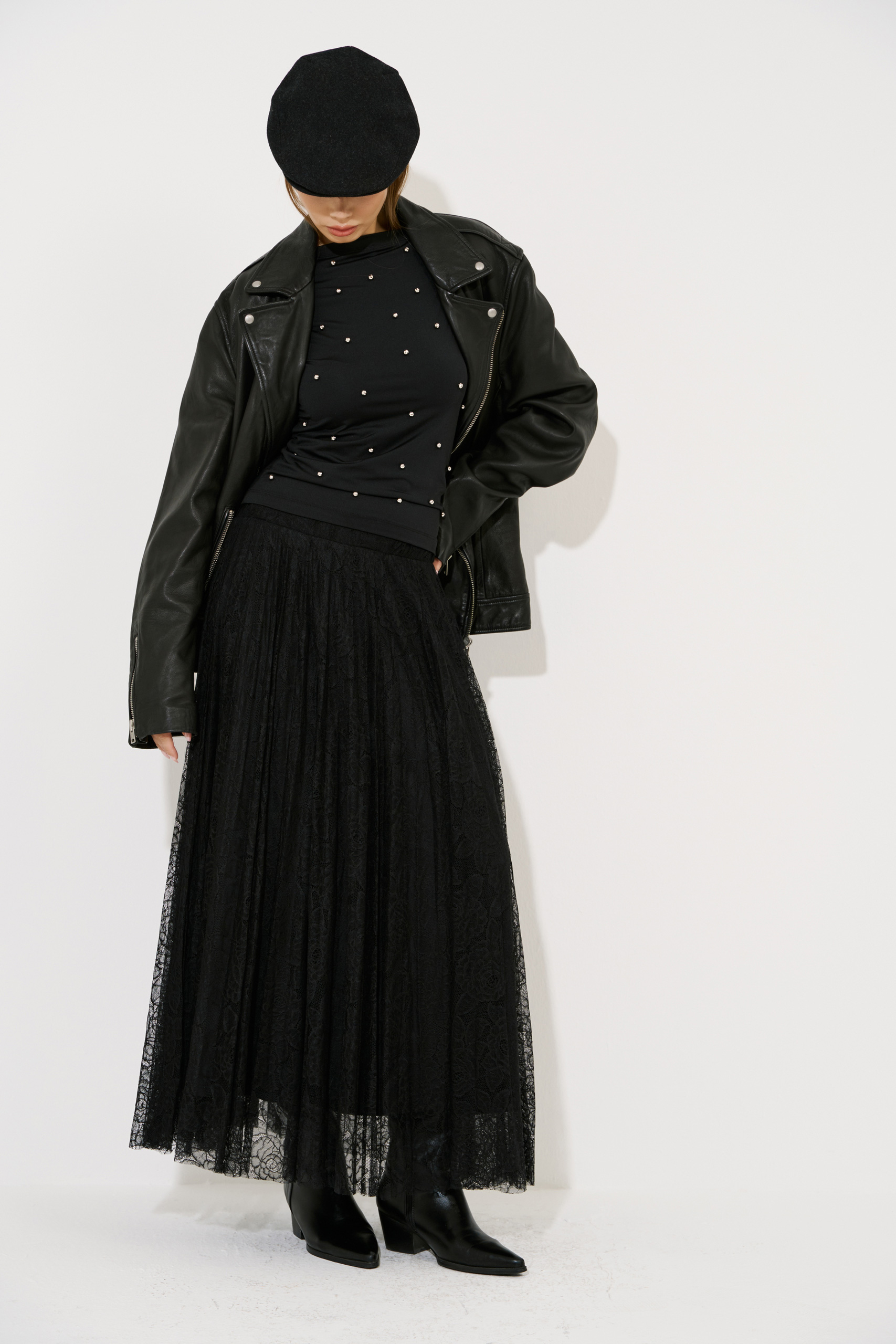 Black Pleated Lace Skirt with Elasticated Waist