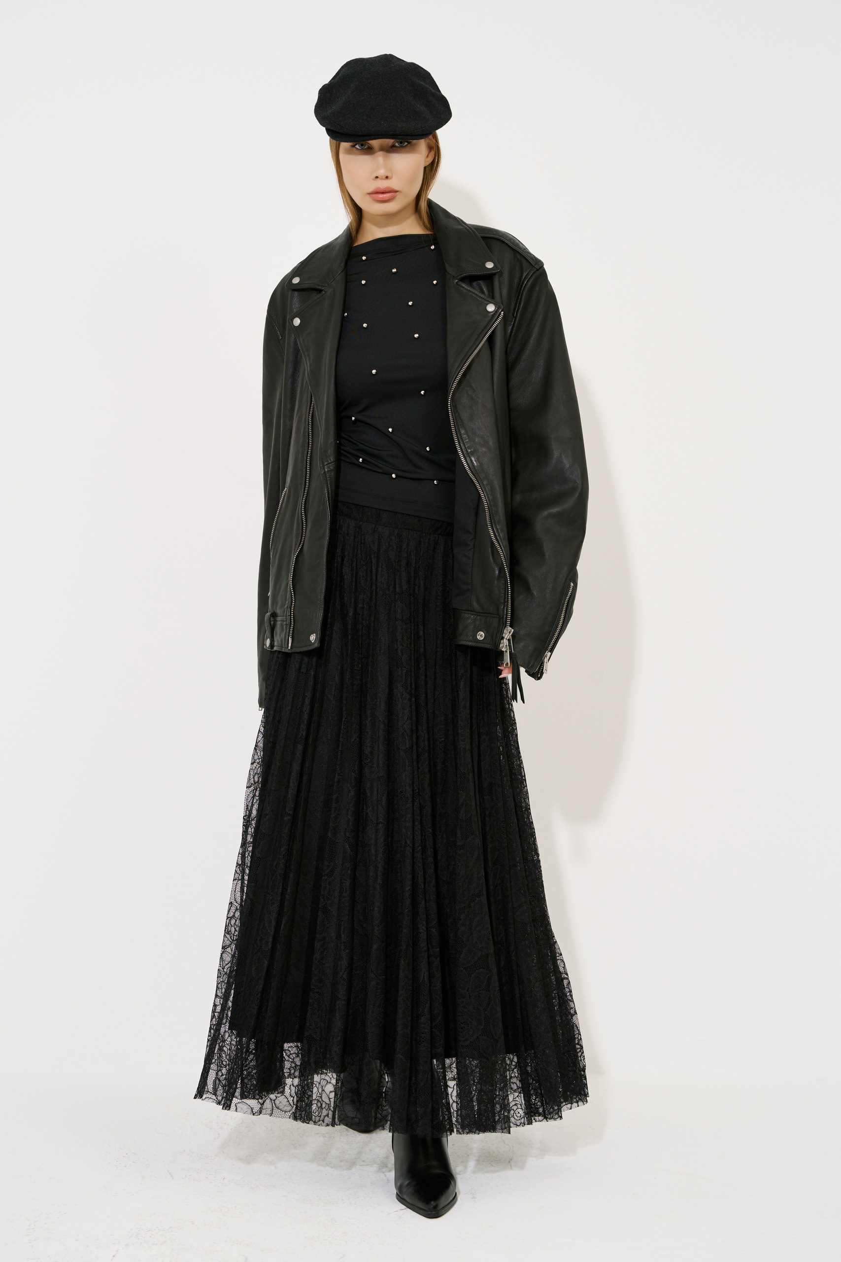 Black Pleated Lace Skirt with Elasticated Waist