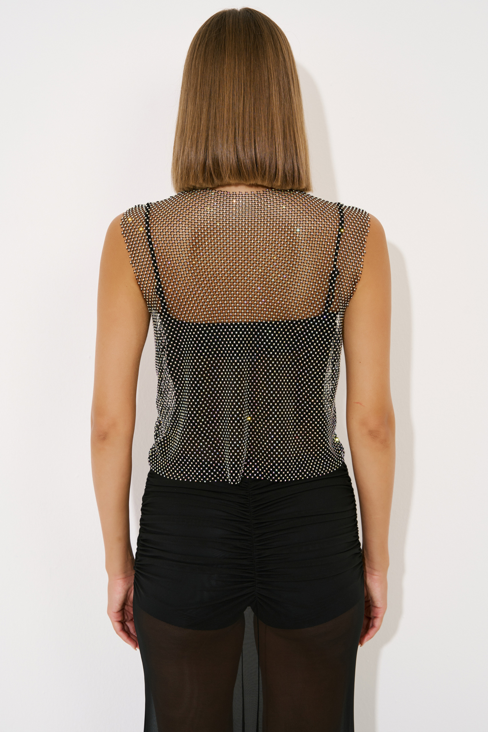 JANJAN-BLACK Embellished Net Top