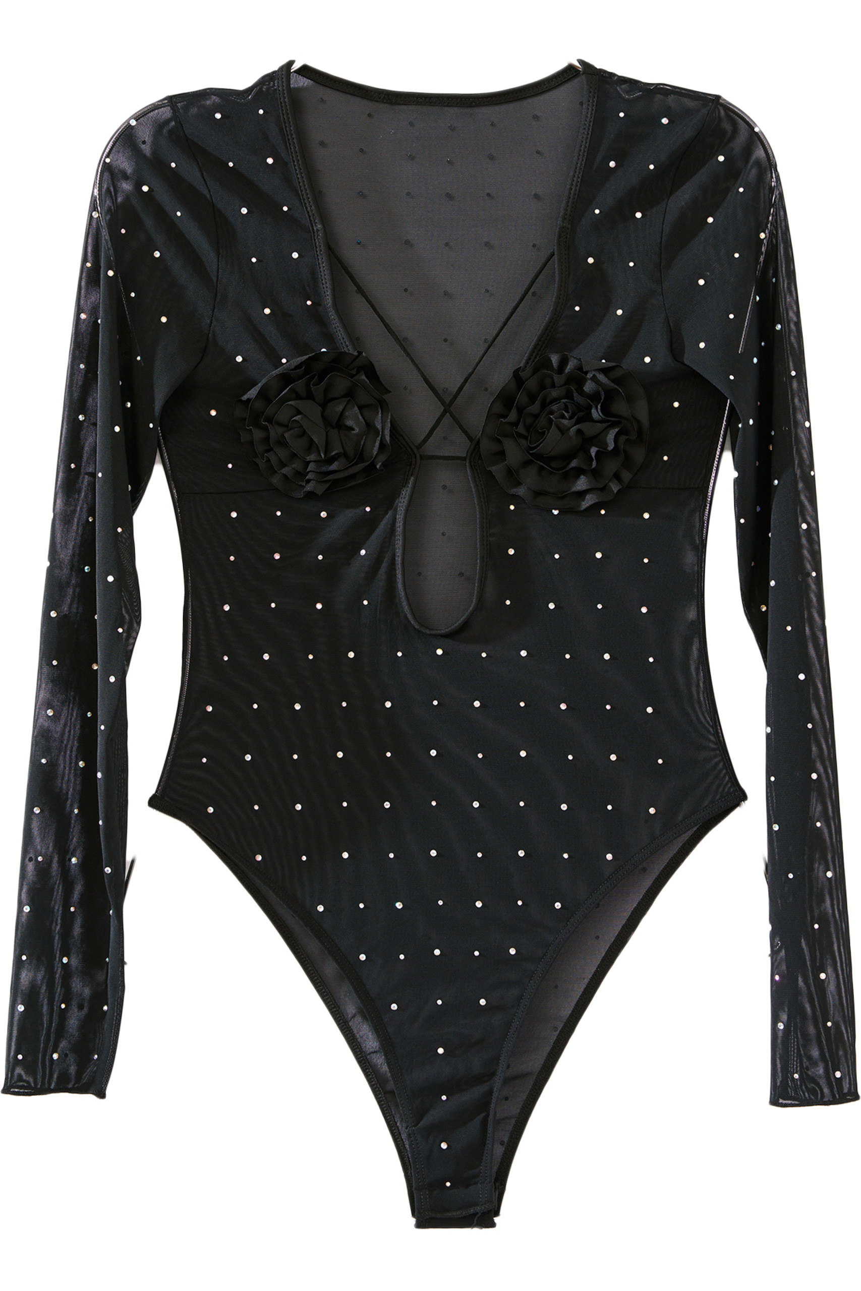Black - Janjan Gül Detaylı Taşlı Tül Bodysuit