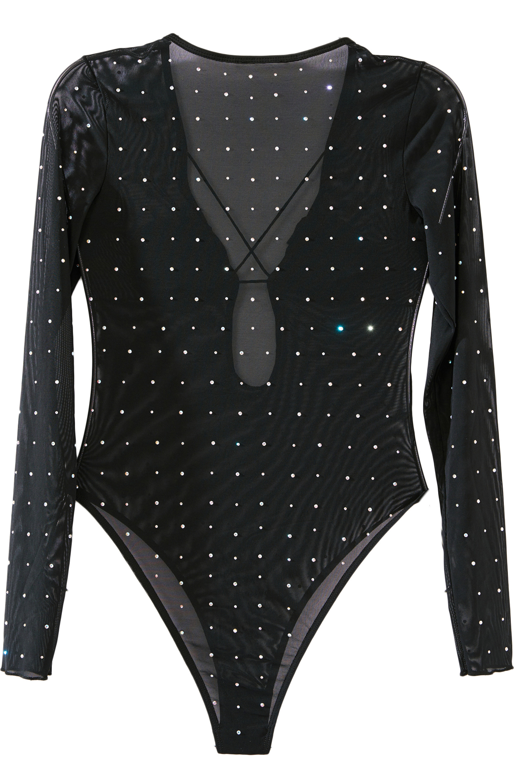 Black - Janjan Gül Detaylı Taşlı Tül Bodysuit