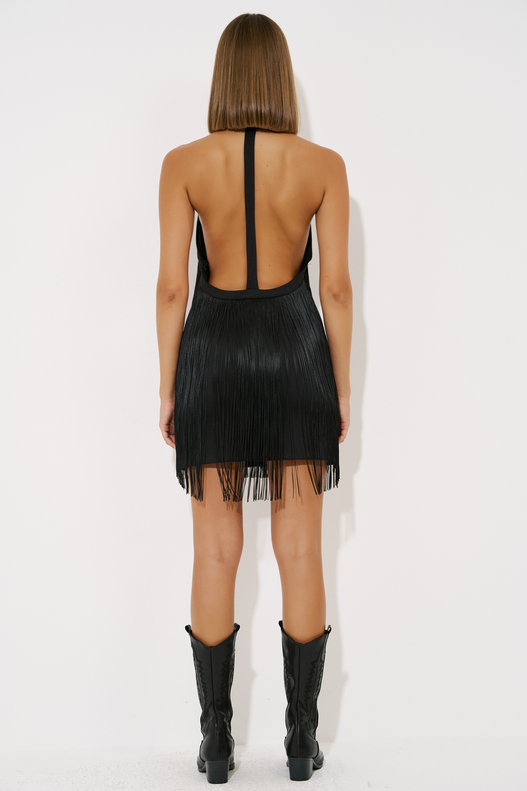 Black Backless Fringed Mini Dress with Hidden Zip