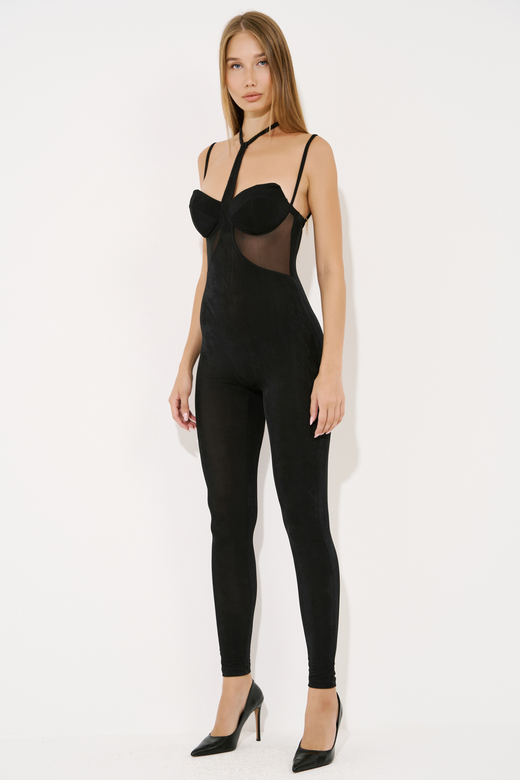 Black Tie-Neck Jumpsuit & Embellished Skirt Set