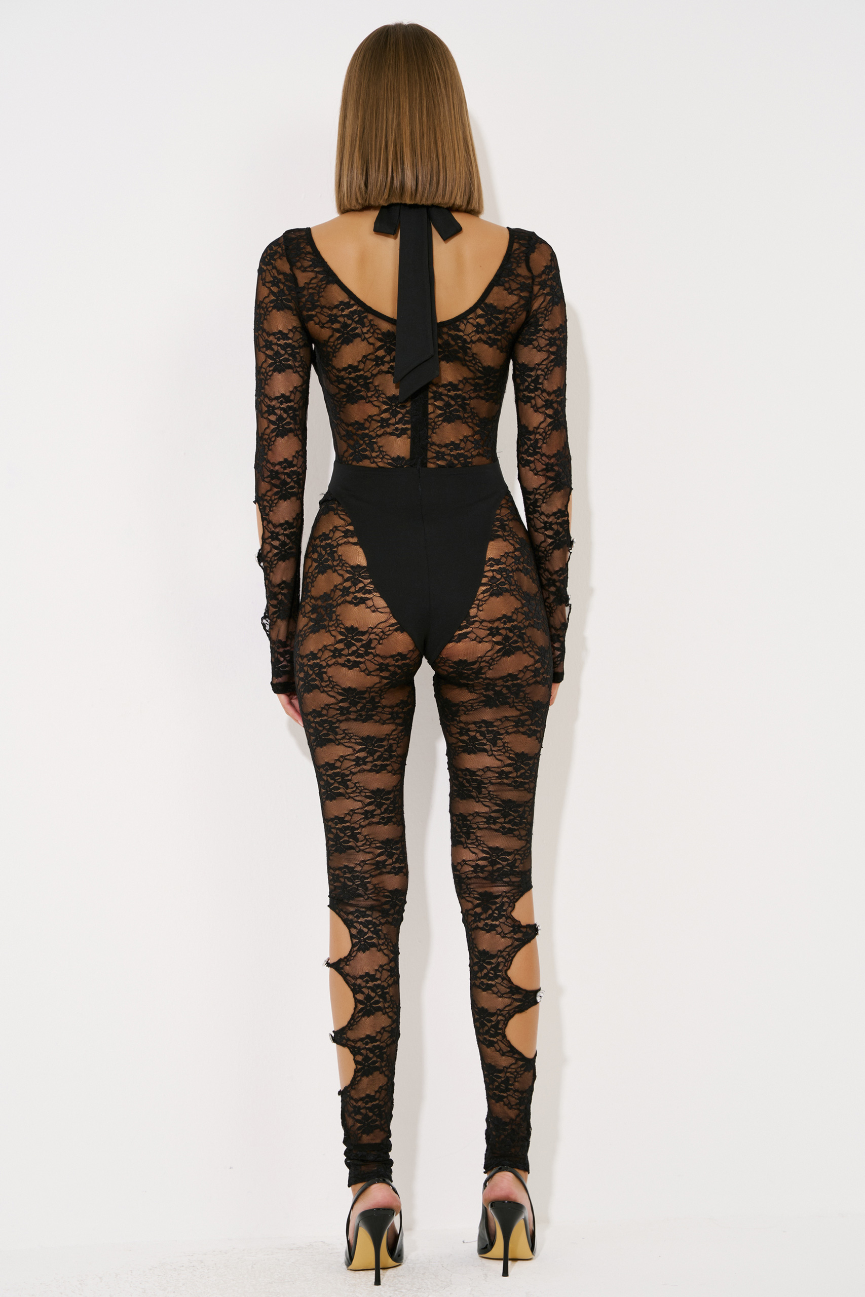 Sheer Black Cross-Neck Lace Jumpsuit