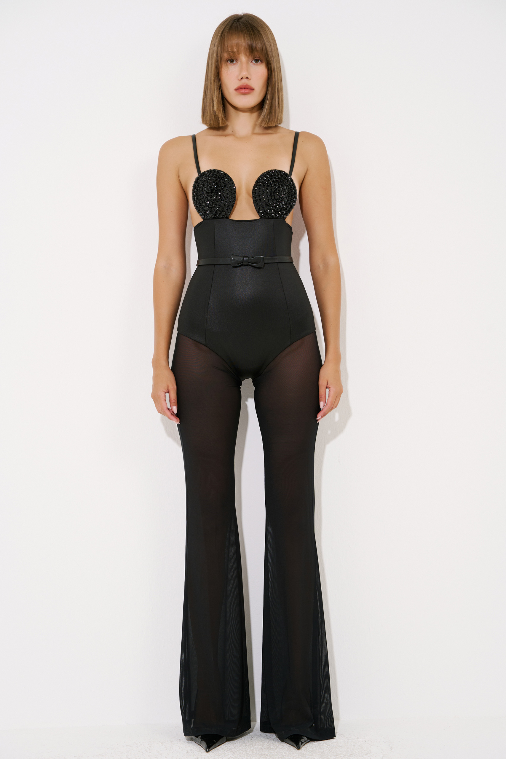 Black Mesh-Insert Studded Jumpsuit