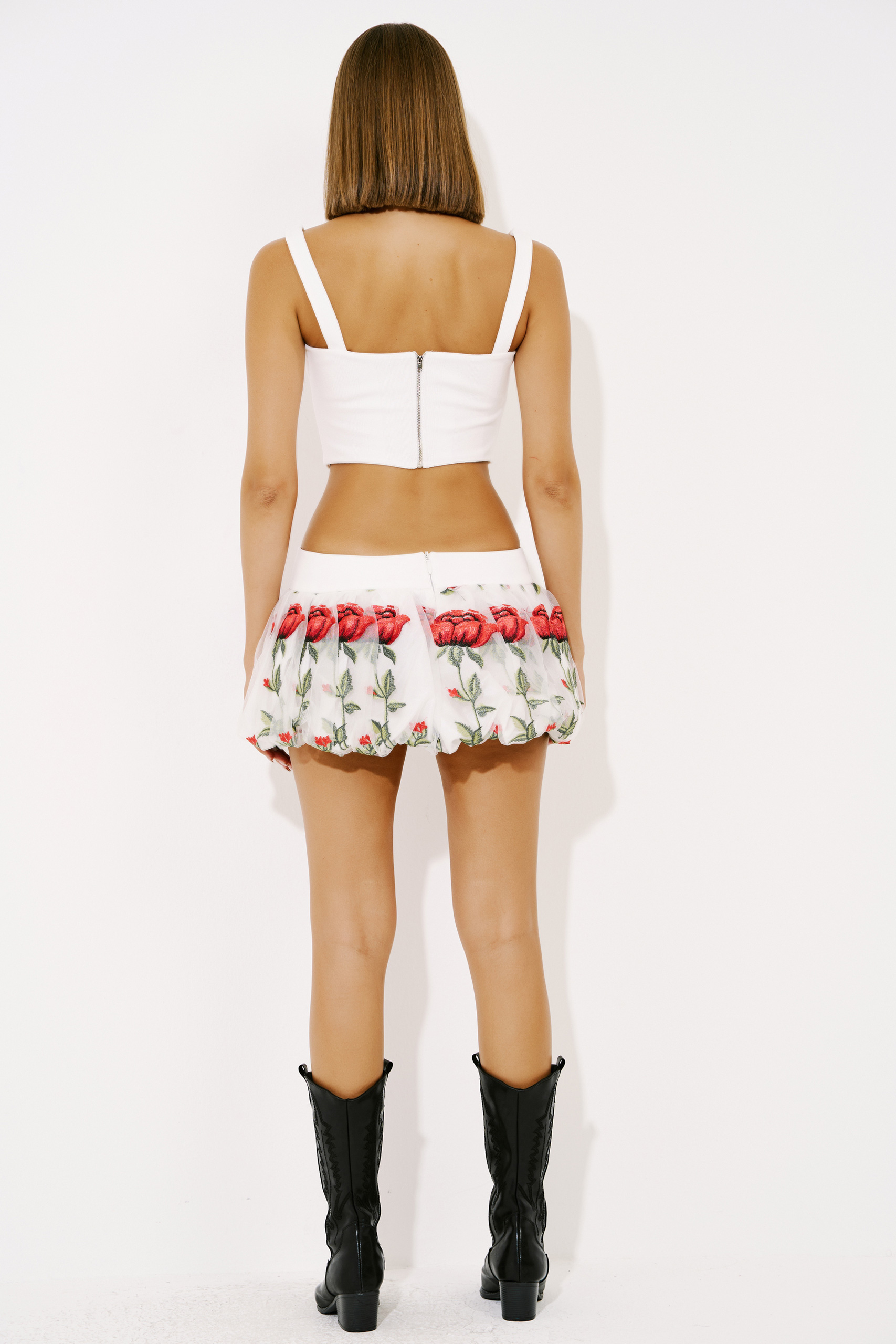 Off white İşlemeli Mini Balon Etek