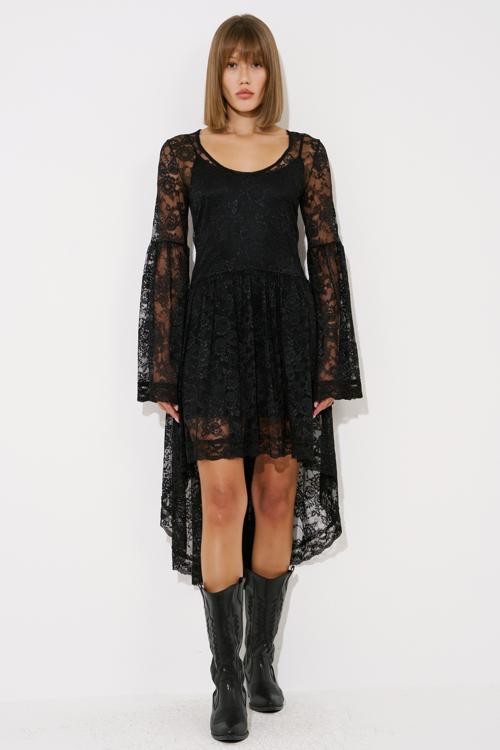 Black Asymmetric-Skirt Lace Dress with Detachable Lining