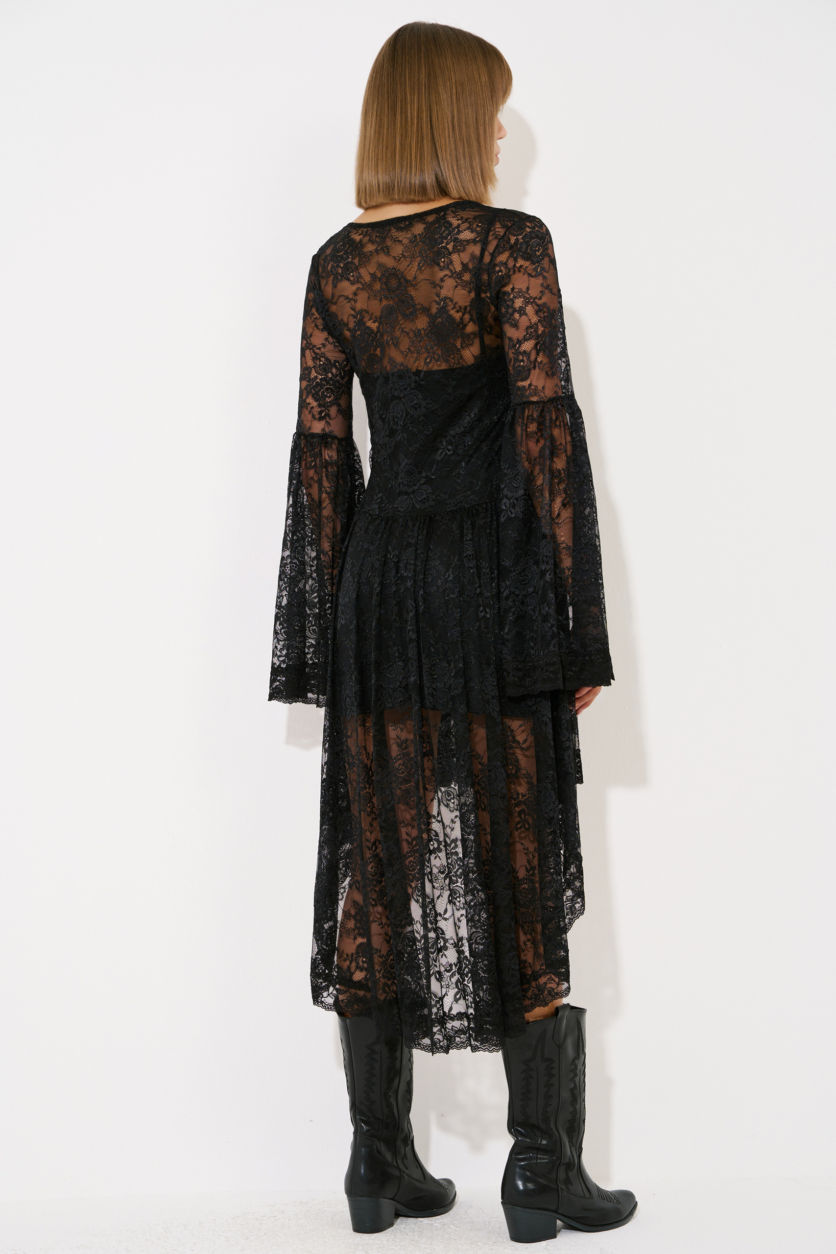 Black Asymmetric-Skirt Lace Dress with Detachable Lining