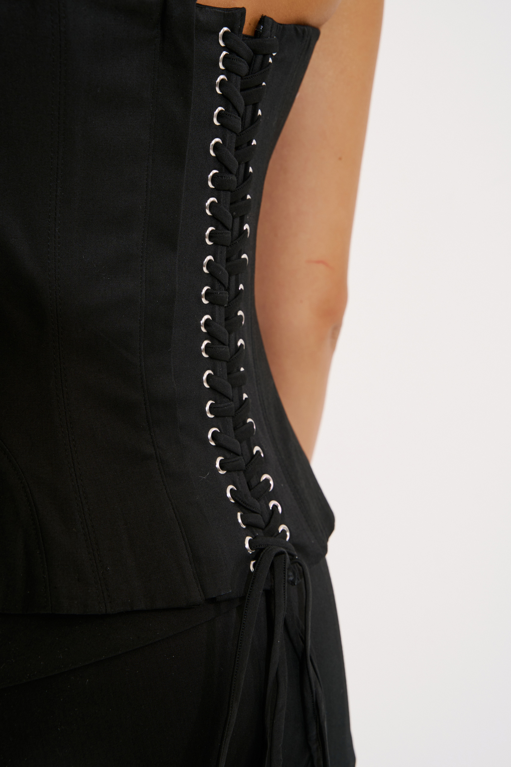 Black Crisscross-Back Tube Bustier & Corset-Accent Mesh Skirt Set