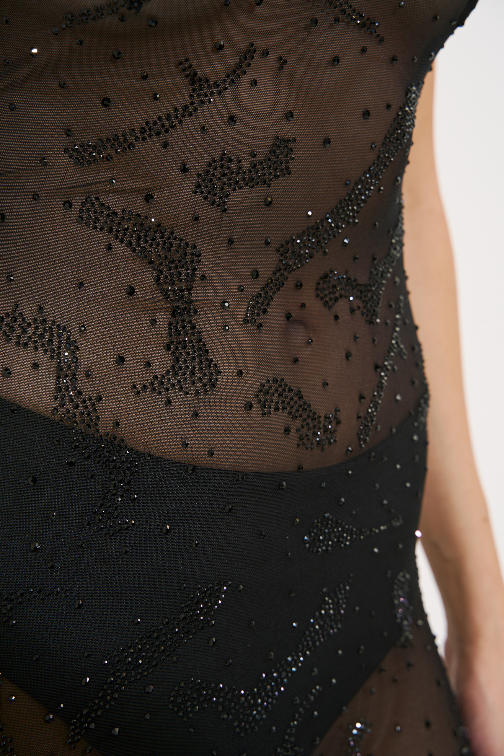Sheer Black Embellished Halter Catsuit