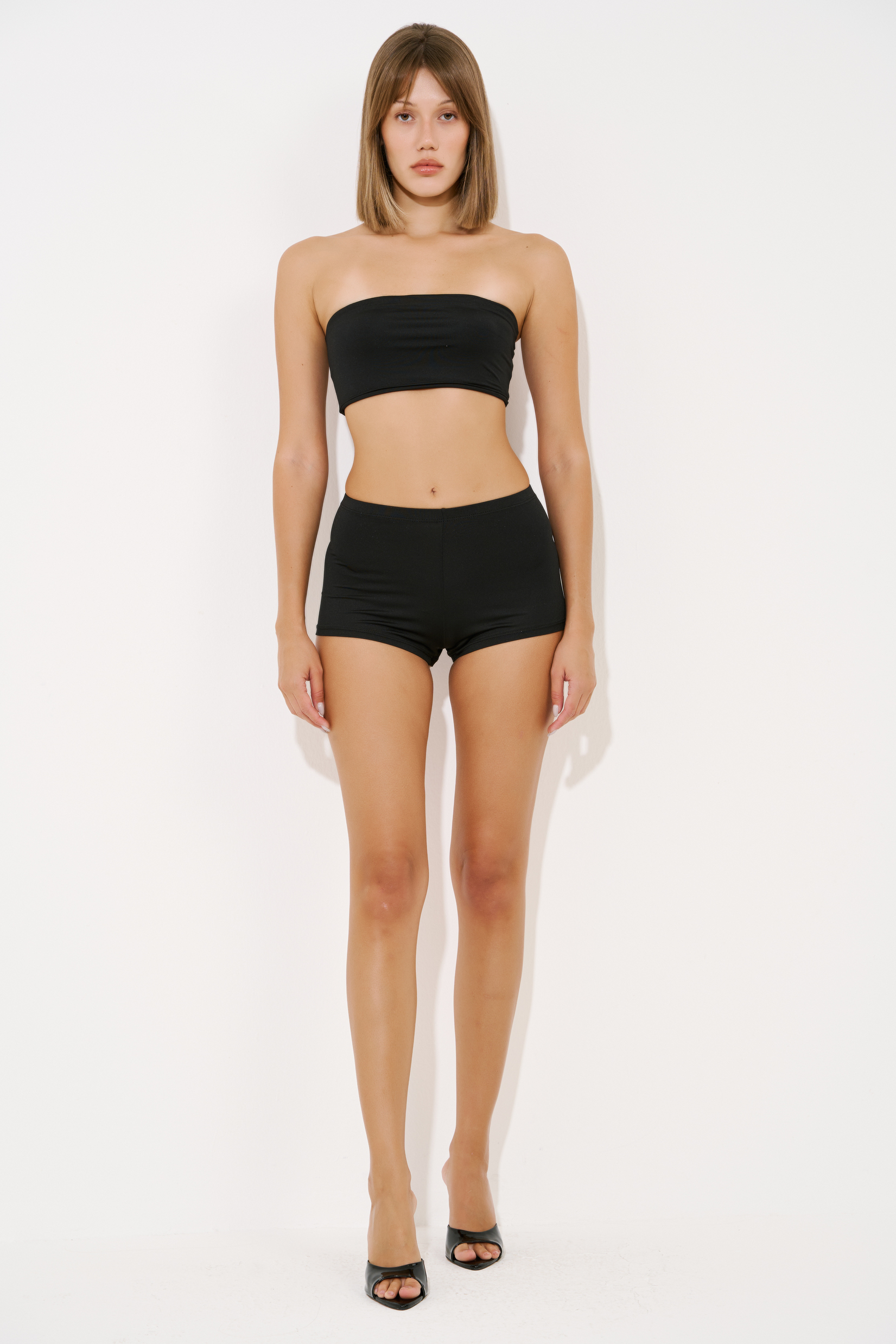 Basic Black Bandeau And Booty Shorts Set