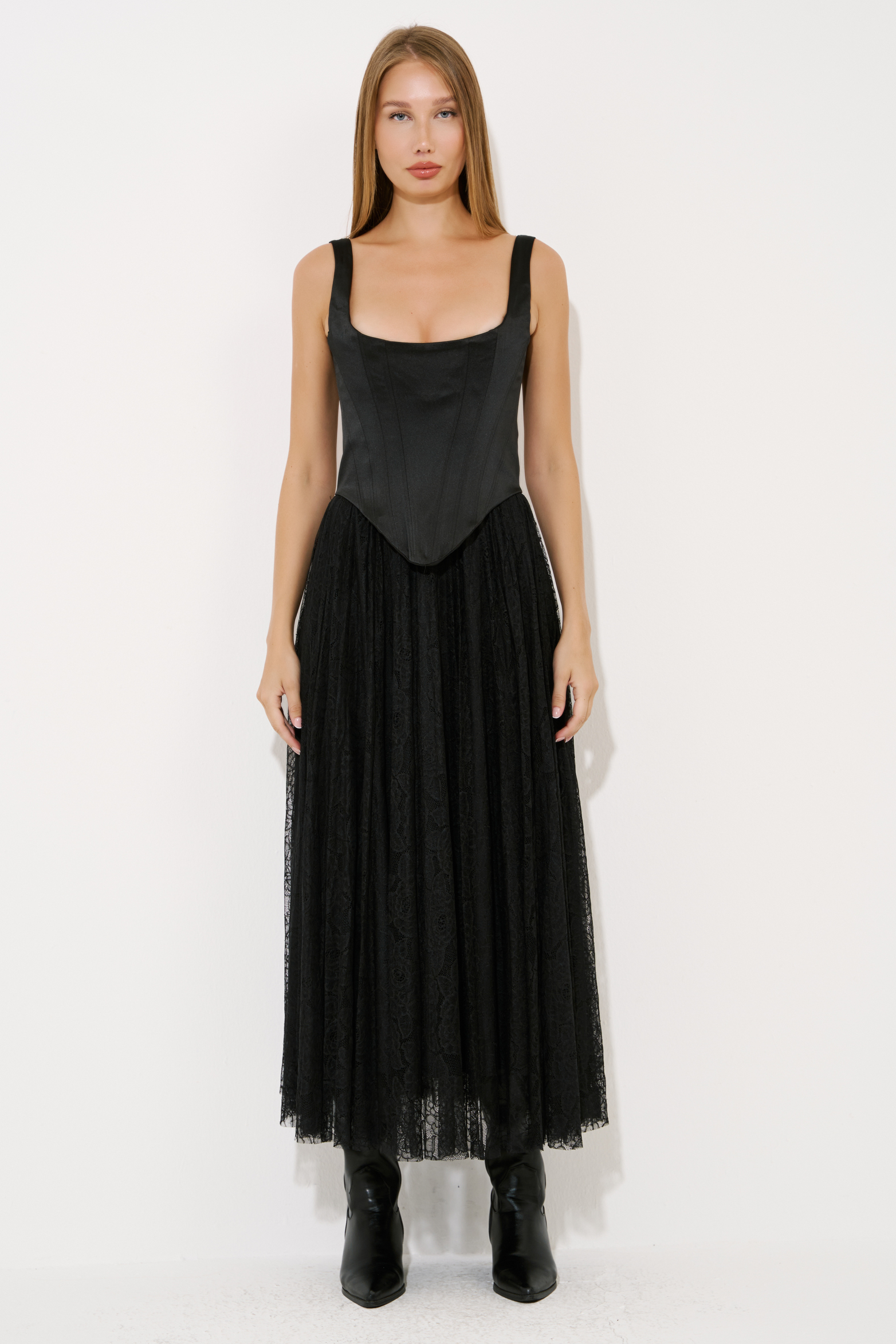 Black Pleated Lace Skirt with Elasticated Waist
