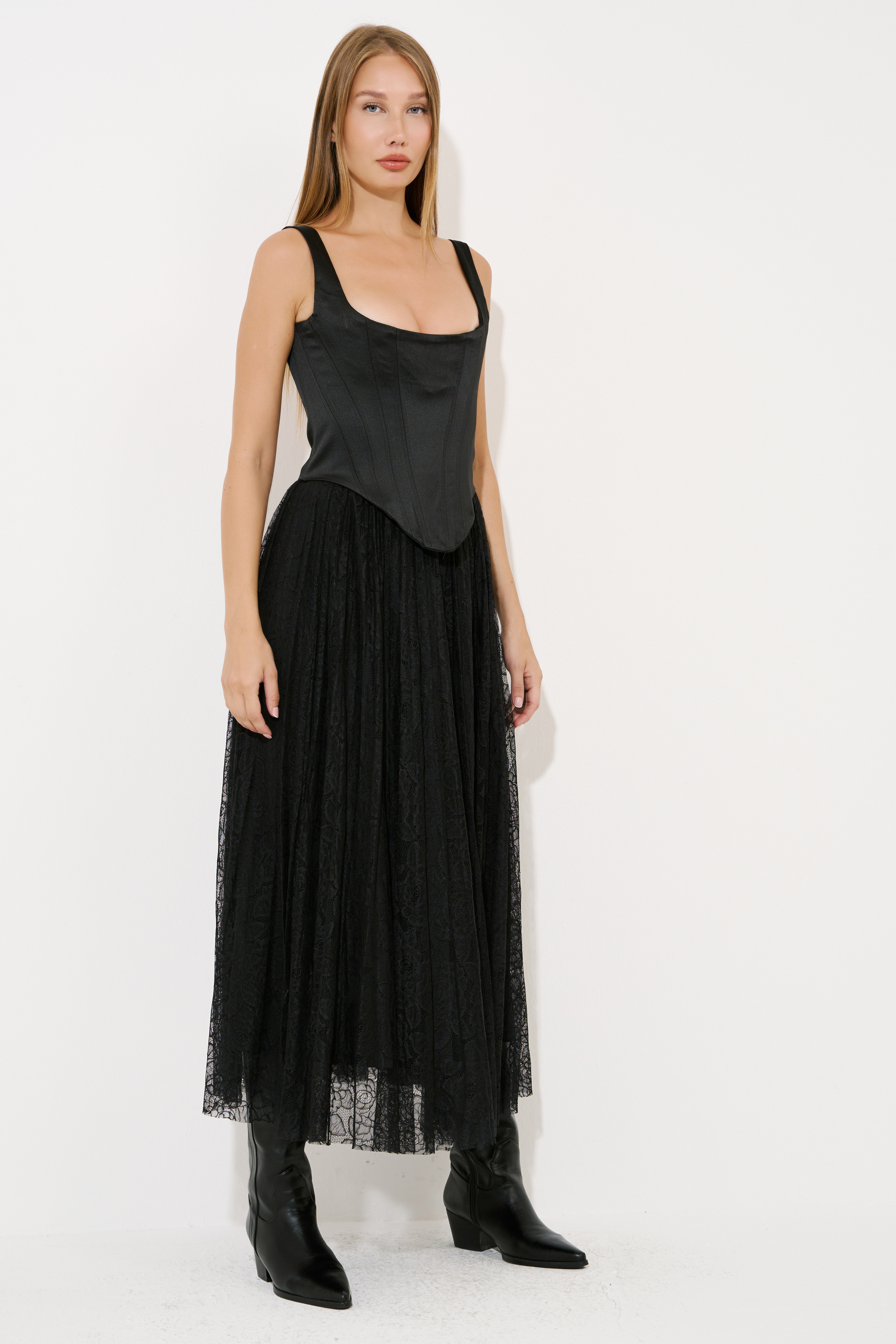 Black Pleated Lace Skirt with Elasticated Waist