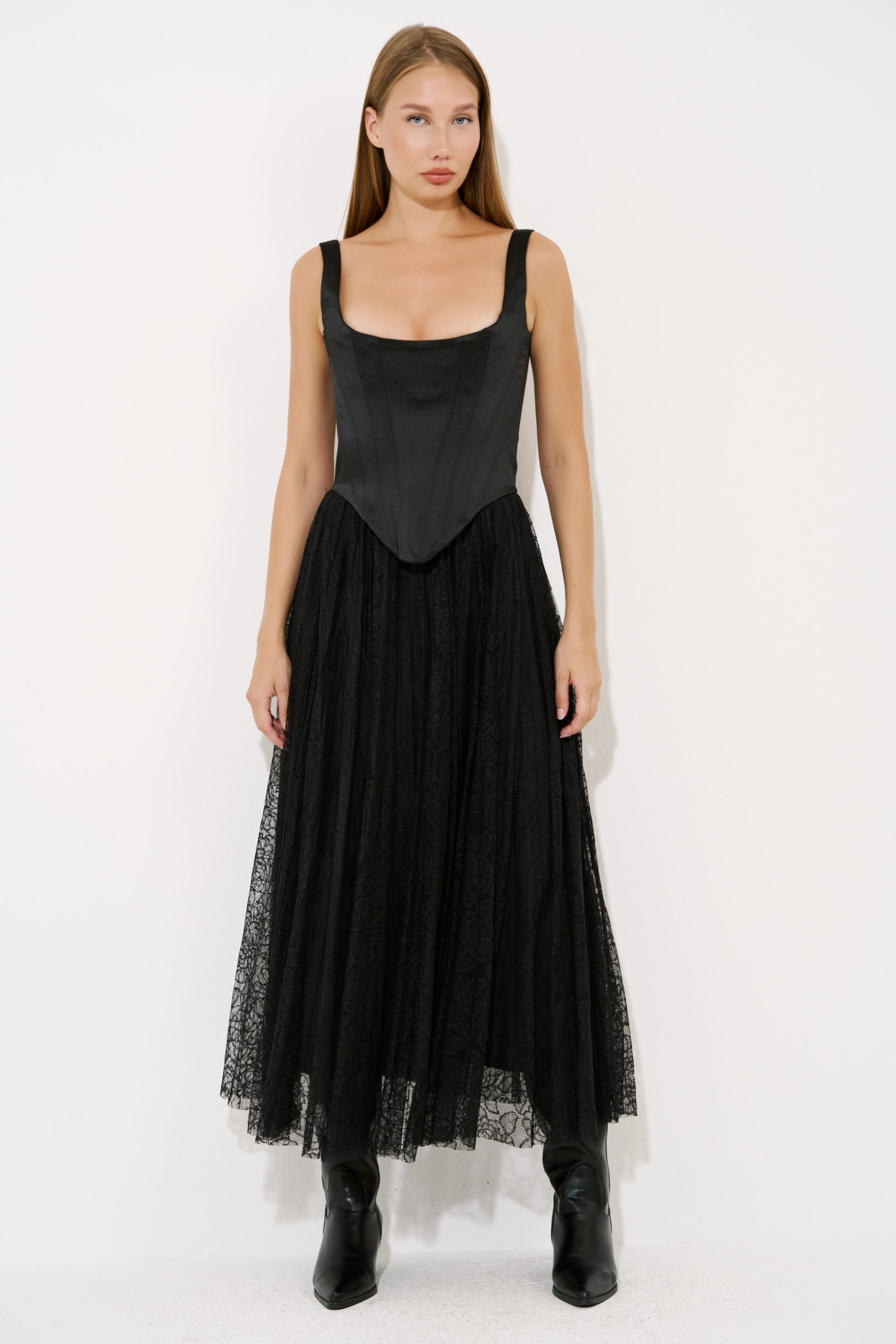 Black Pleated Lace Skirt with Elasticated Waist
