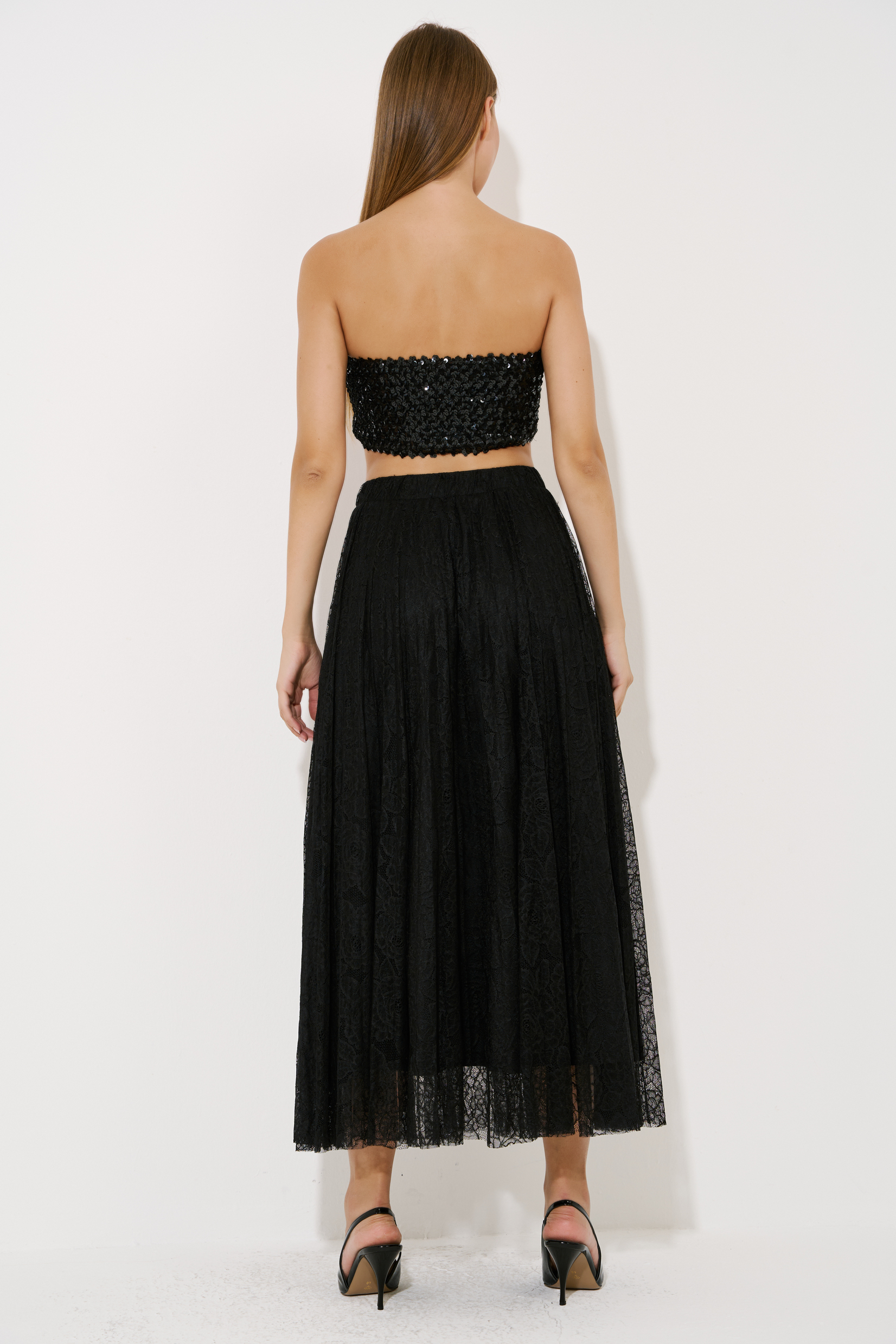 Black Pleated Lace Skirt with Elasticated Waist