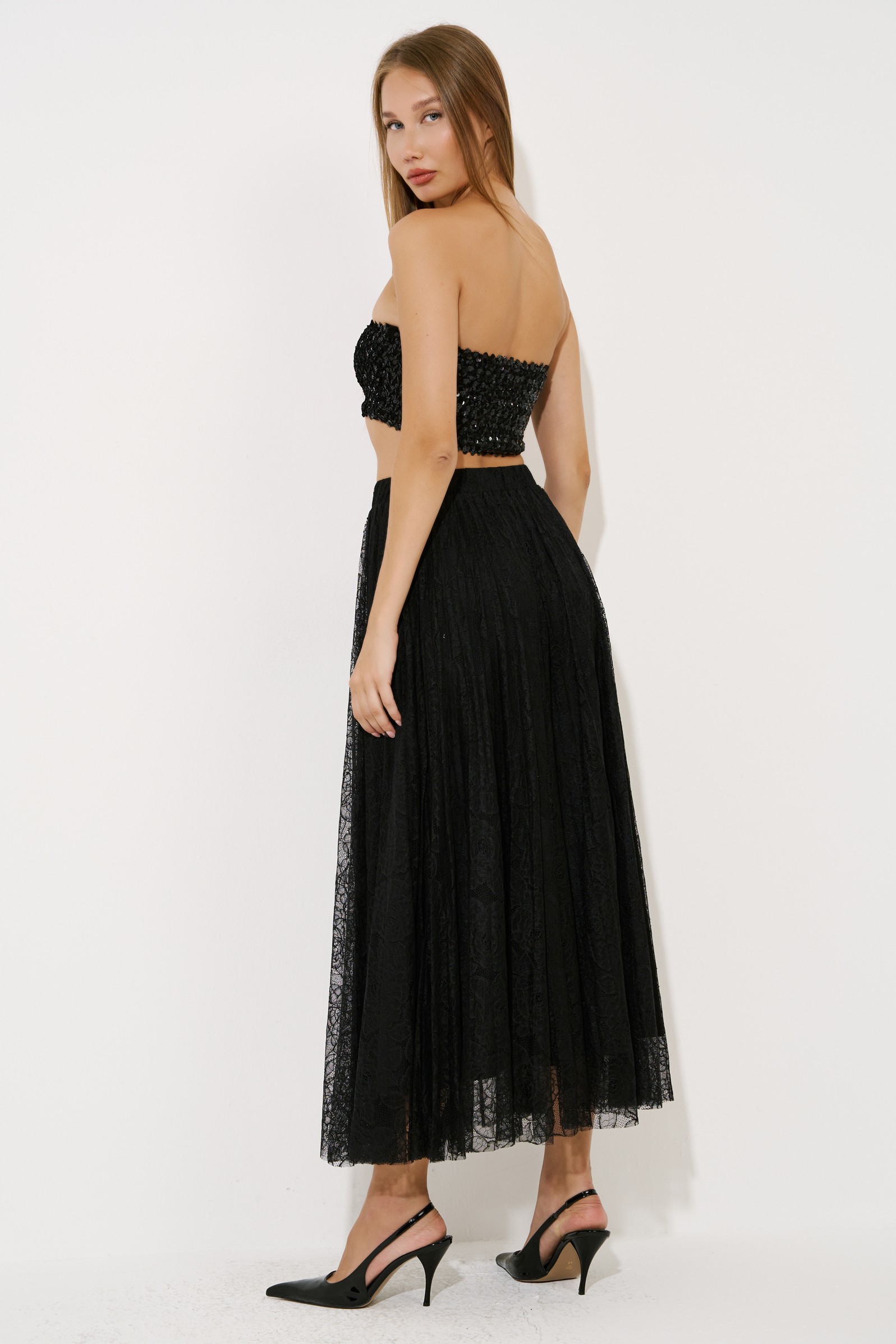 Black Pleated Lace Skirt with Elasticated Waist