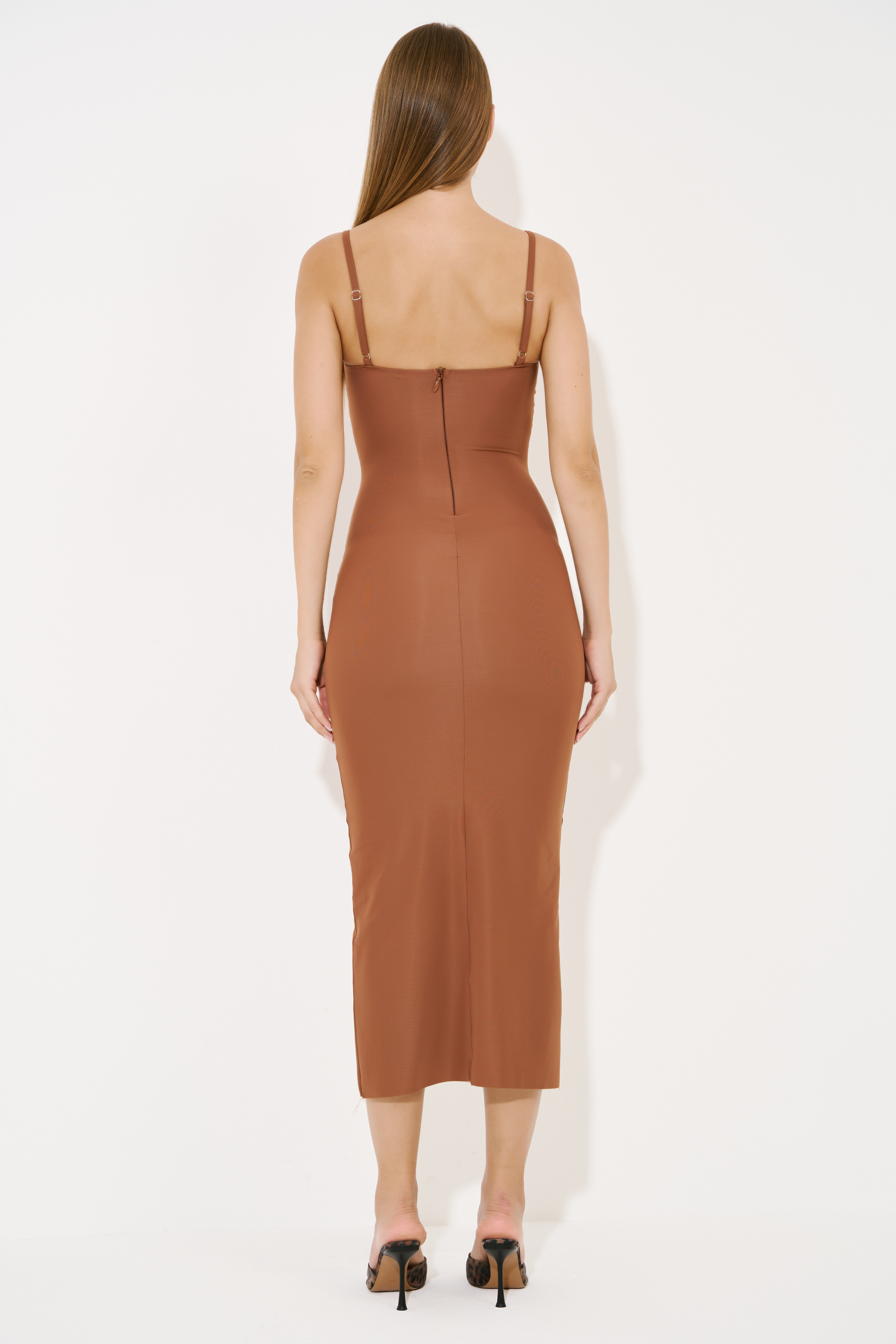 Tobacco Bodycon Midi Dress with Padded Cups