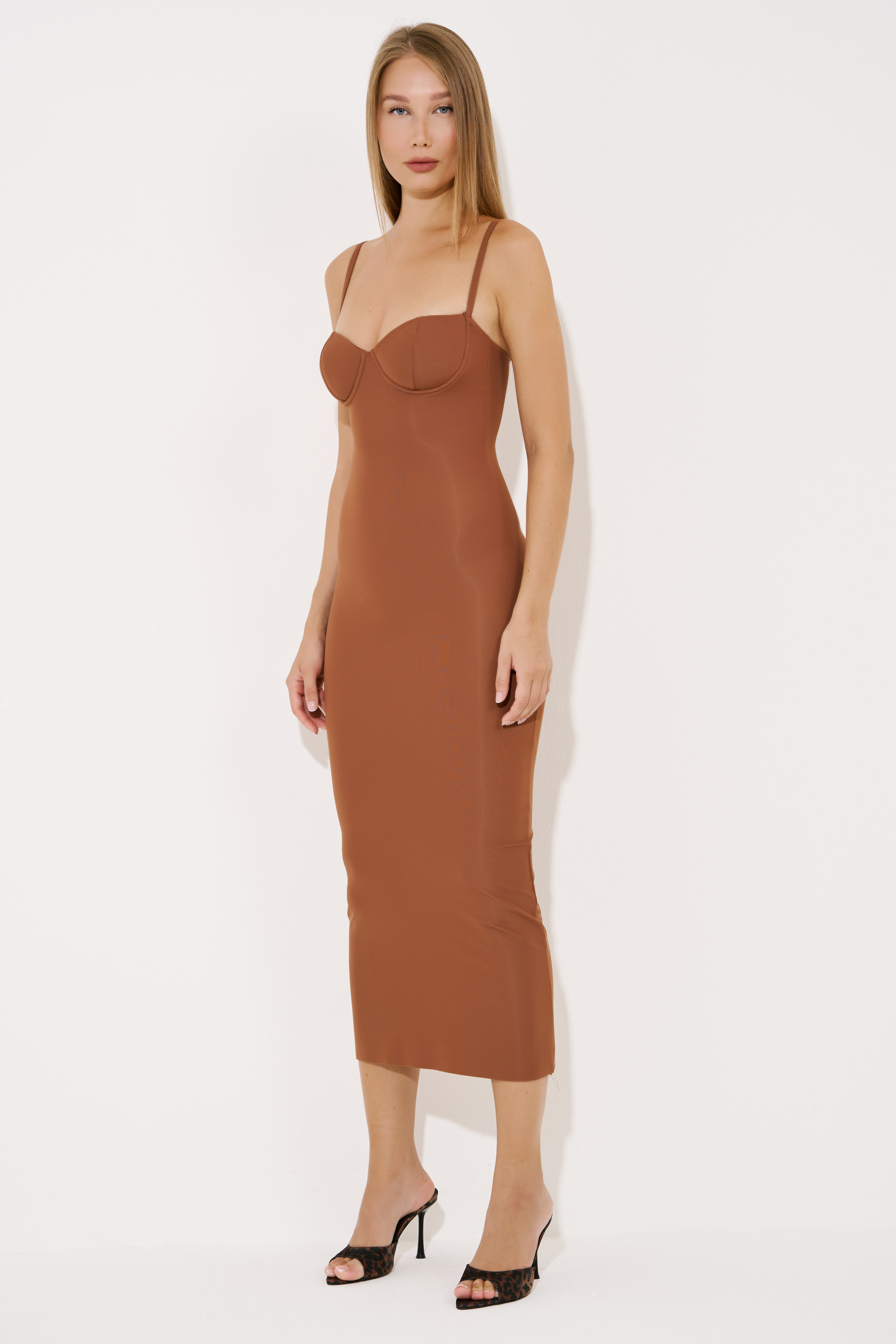Tobacco Bodycon Midi Dress with Padded Cups