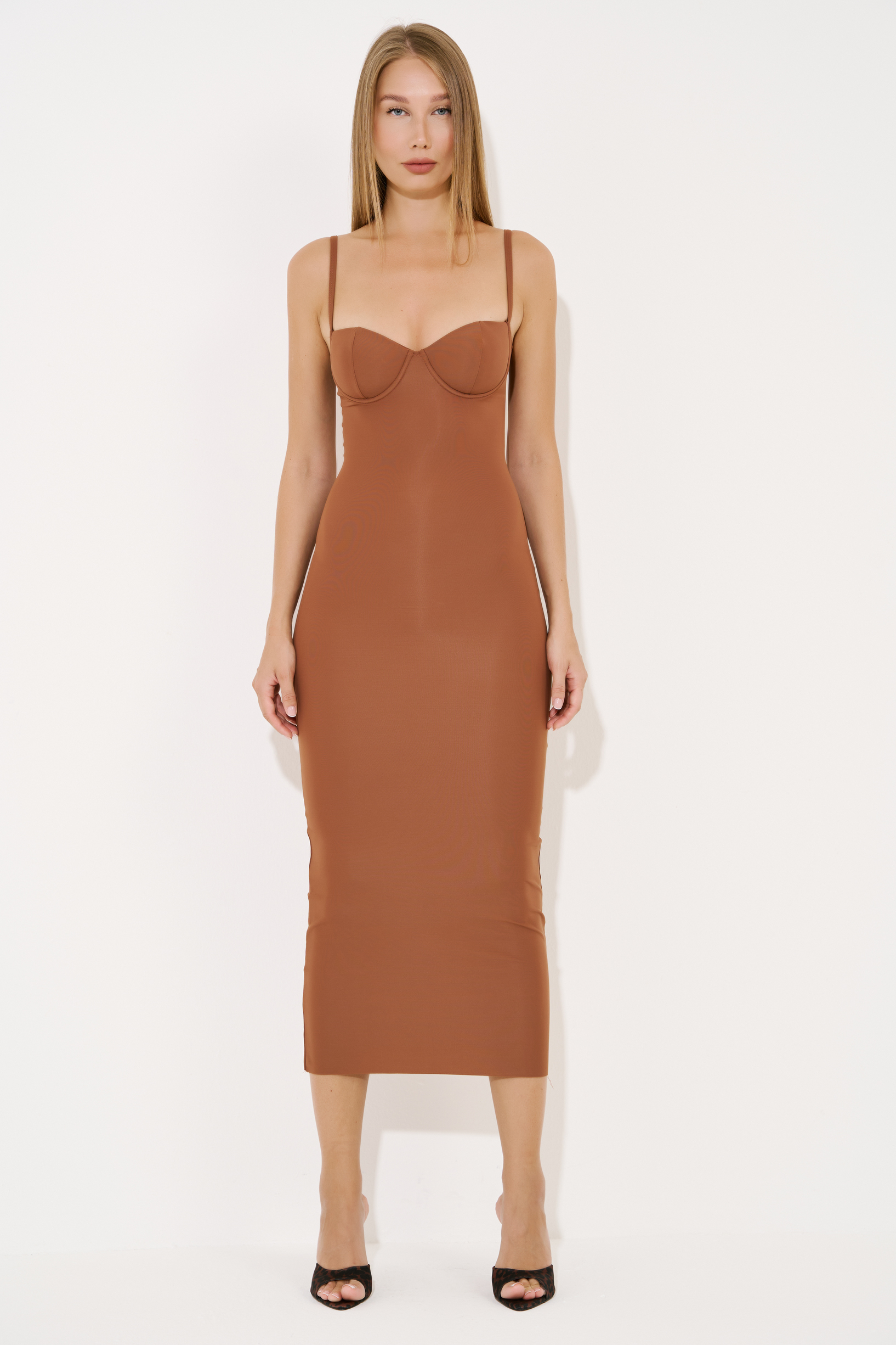 Tobacco Bodycon Midi Dress with Padded Cups