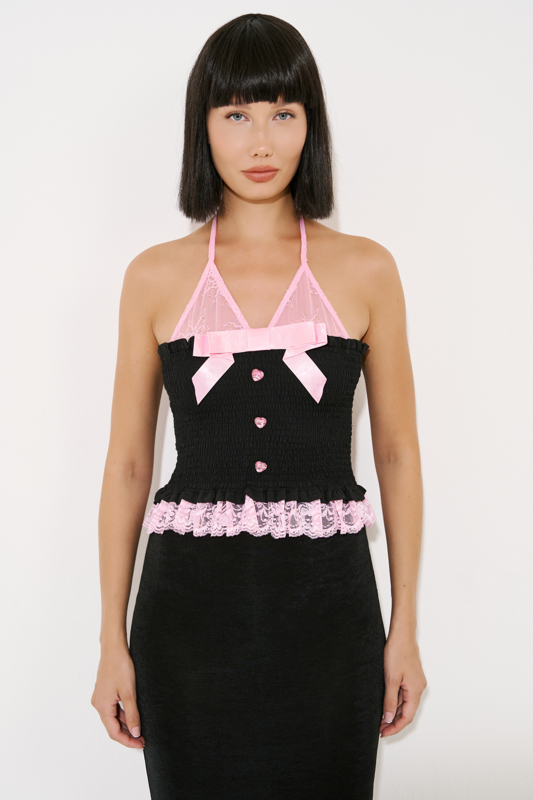 Black Lace-Insert Smocked Crop Top
