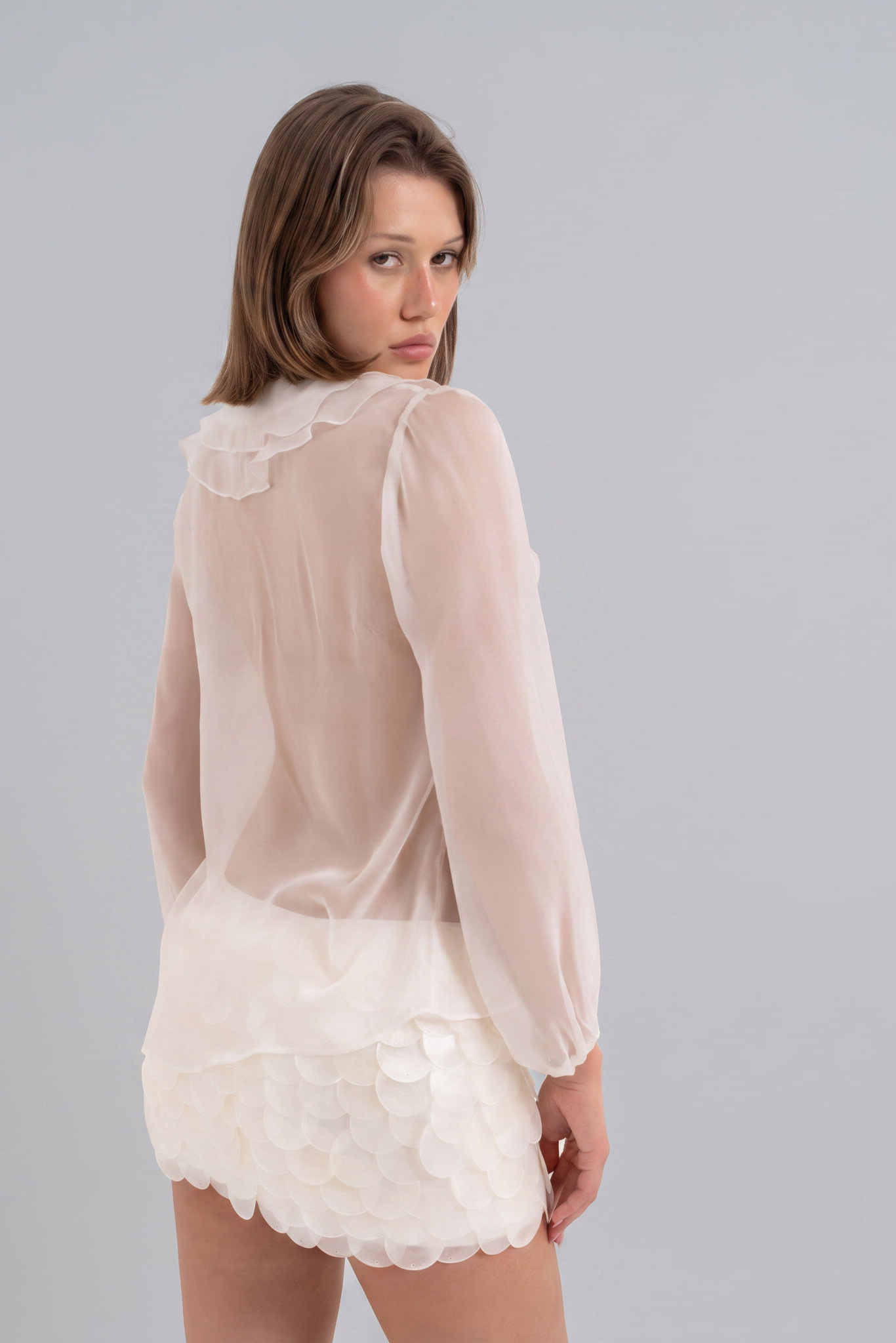 Off white Volan Detaylı Tül Gömlek