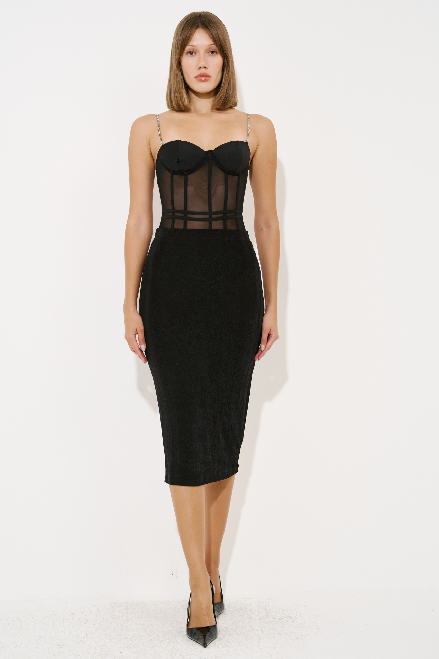 Taş Askılı Siyah Tül Bodysuit