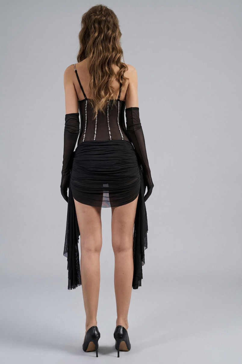 Siyah Gül Detaylı Eldivenli Bodysuit & Mini Etek Takım