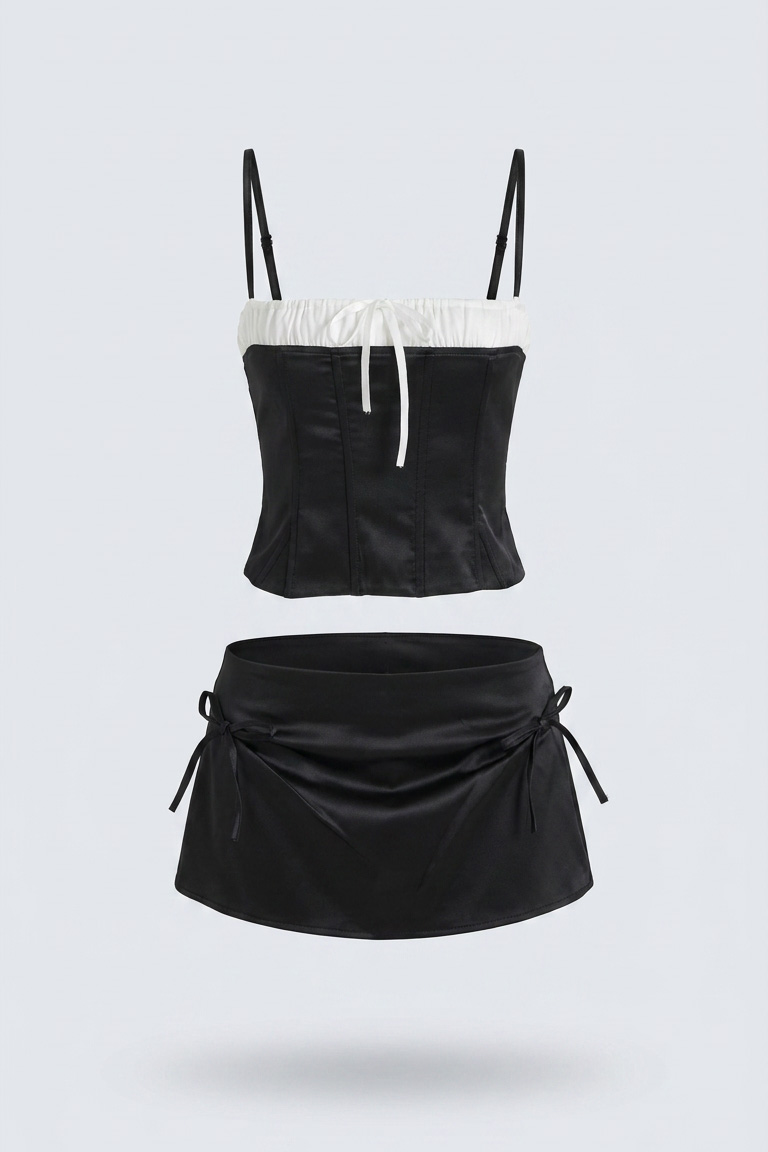 Black Contrast-Trim Satin Cami & Mini Skirt Set