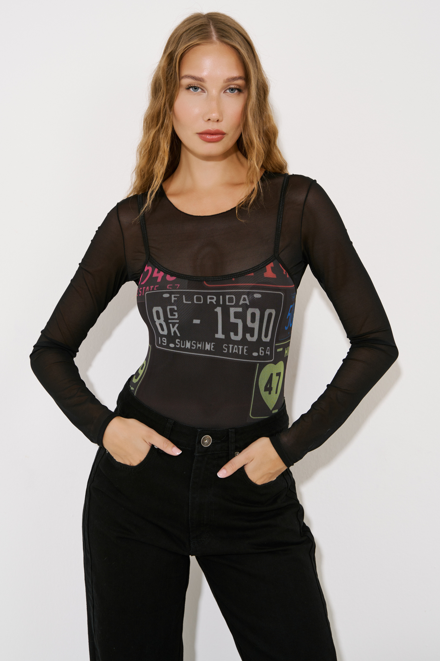 Thin Shoulder Strap BLACK & MIX printed Bodysuit