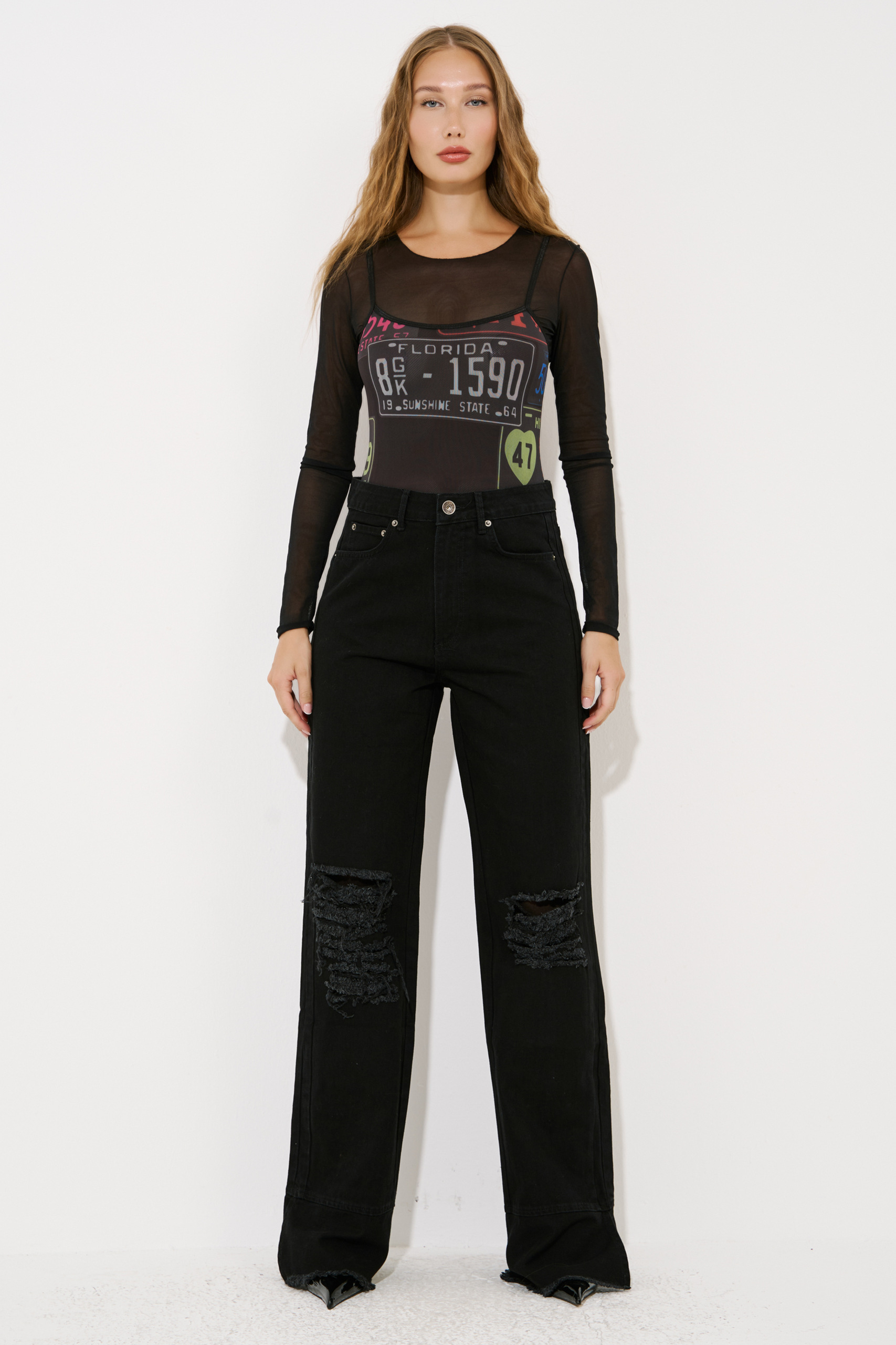 Black Slit-Hem Jeans