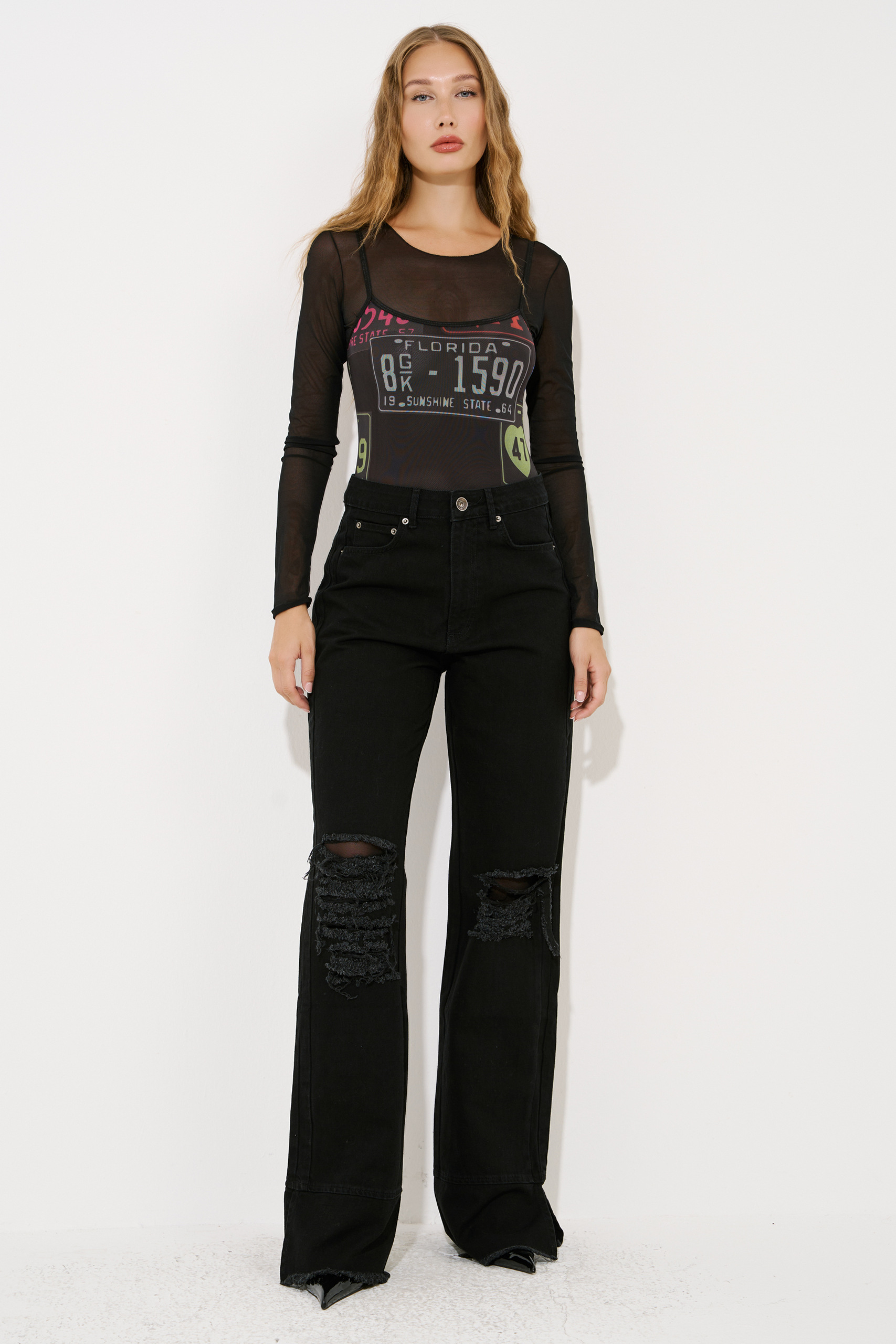 Black Slit-Hem Jeans