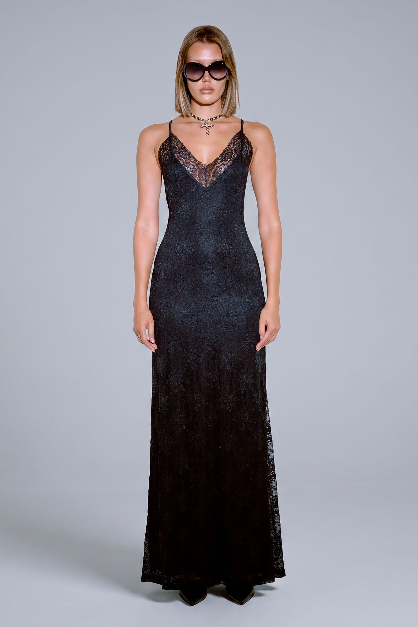 Black V-Neck Maxi Lace Dress with Lining