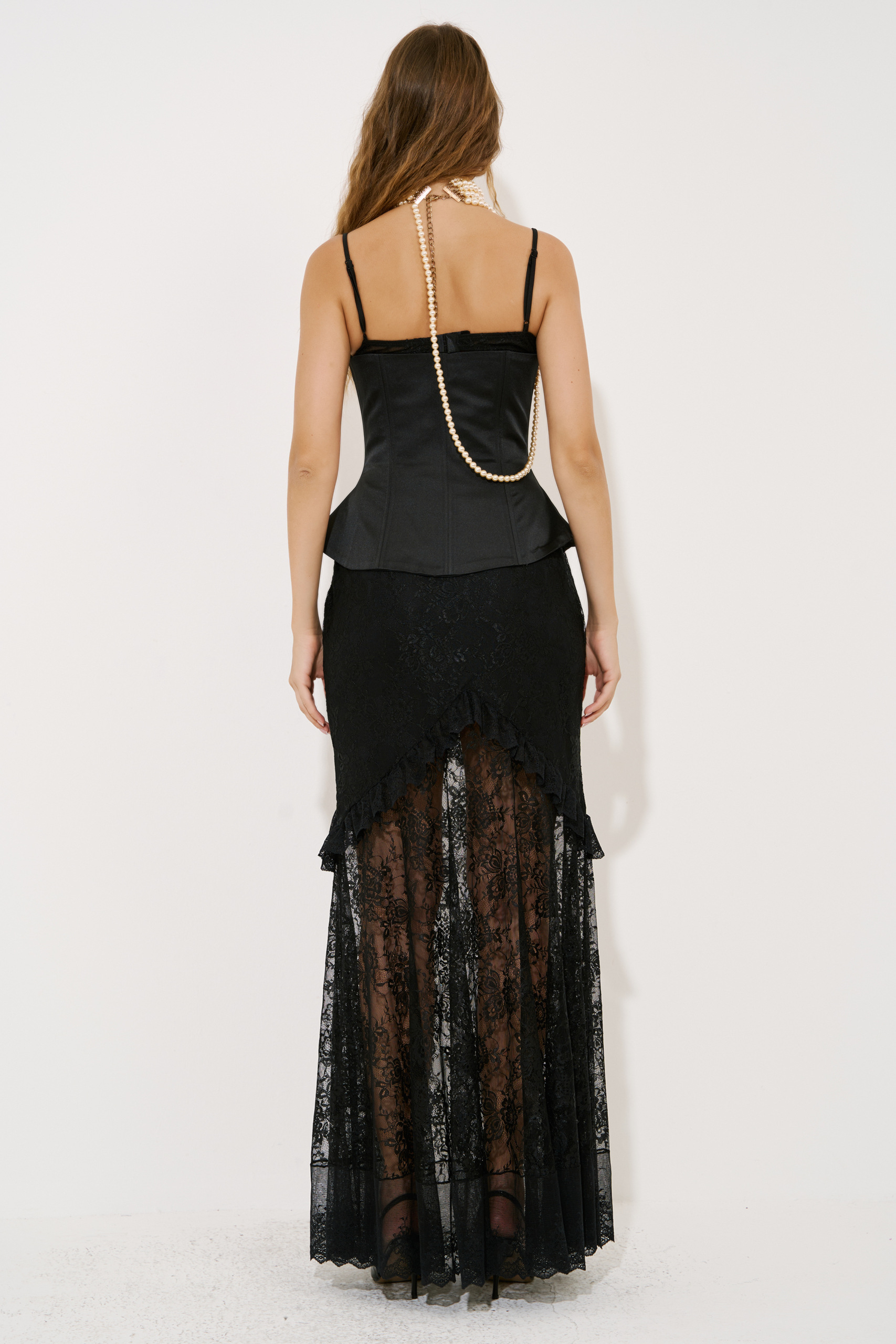 Black 3-Piece Set with Lace Bustier & Corset Maxi Skirt