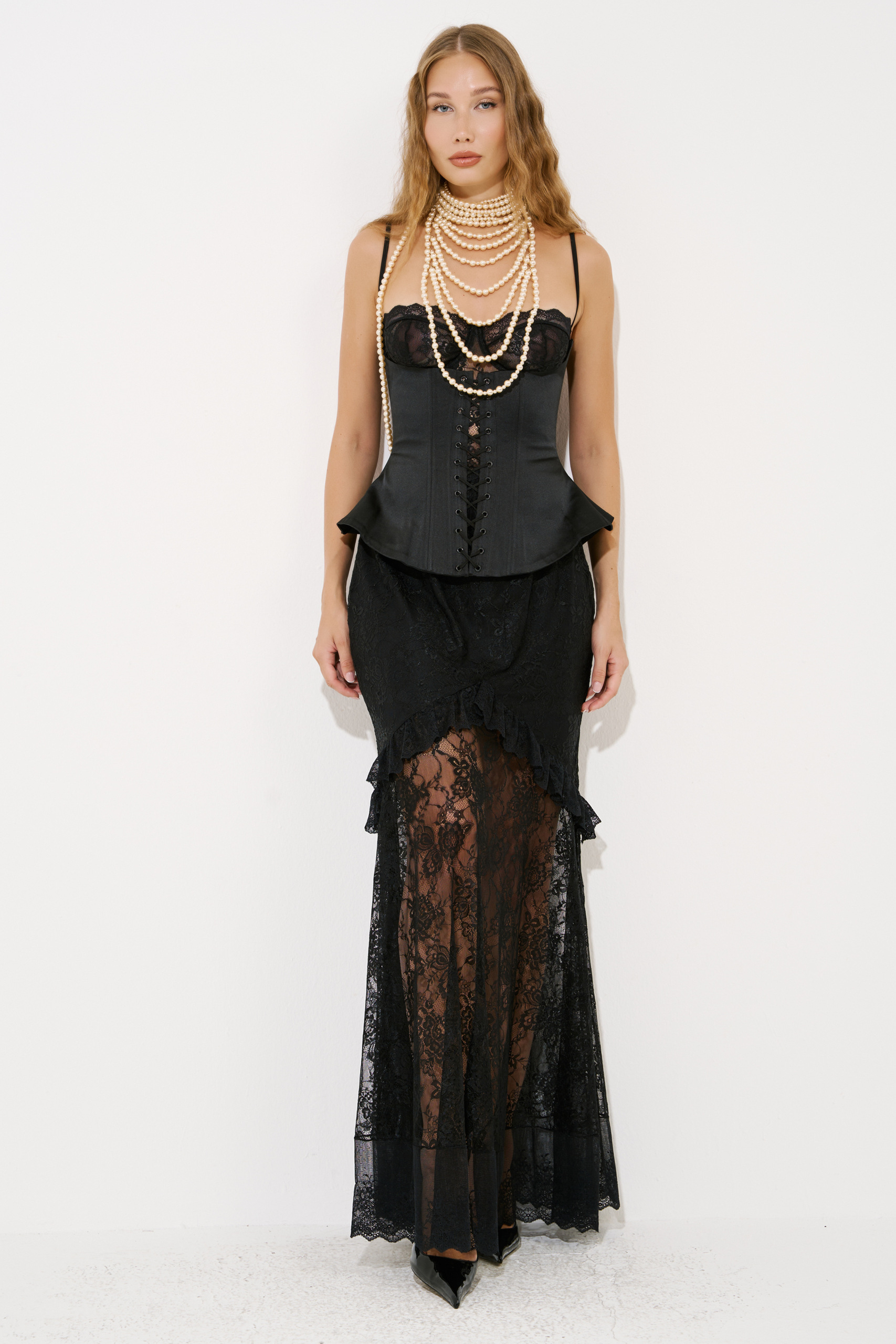 Black 3-Piece Set with Lace Bustier & Corset Maxi Skirt