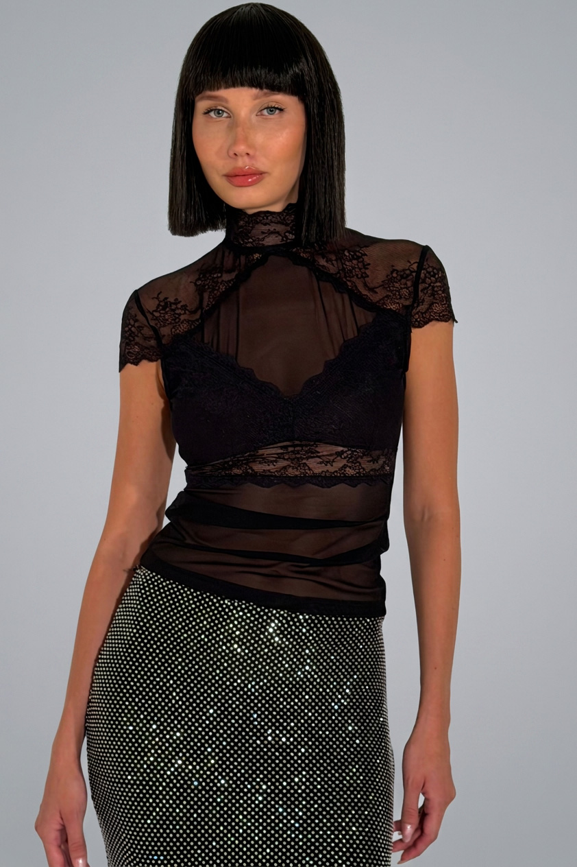 Black Backless Mock Neck Mesh Top