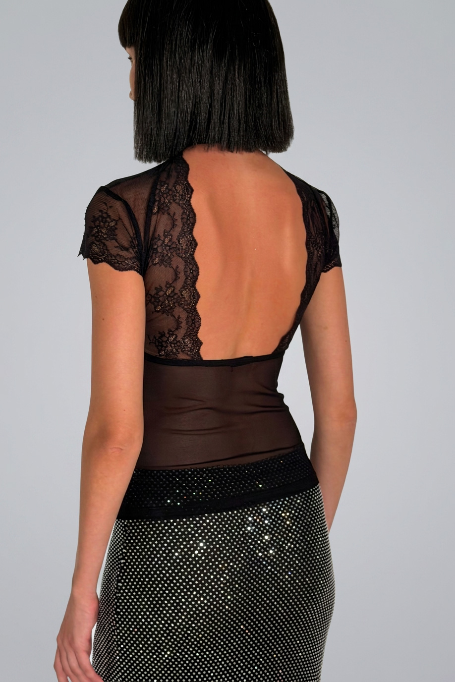Black Backless Mock Neck Mesh Top
