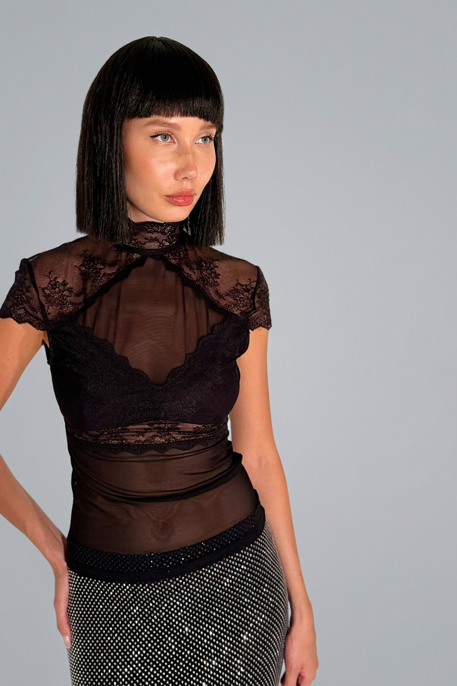 Black Backless Mock Neck Mesh Top