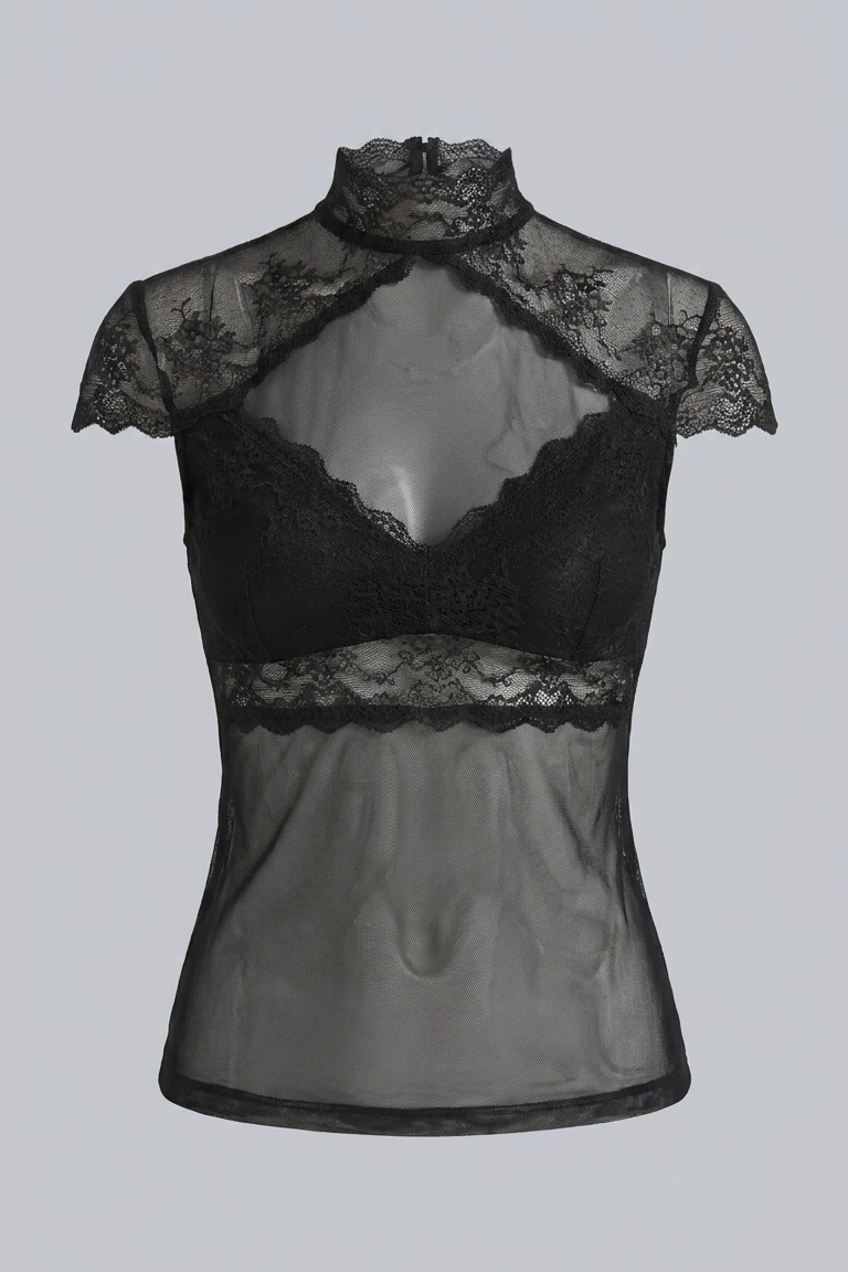 Black Backless Mock Neck Mesh Top