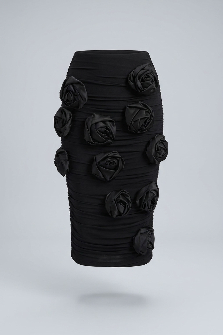 Black Rose-Accent Mesh Midi Skirt