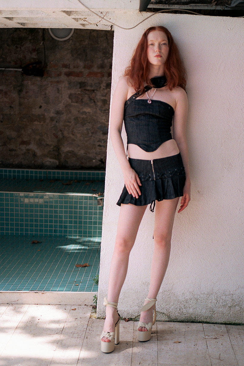 Dark Antrasit Kuşgözü Detaylı Kot Büstiyer & Mini Etek Takım