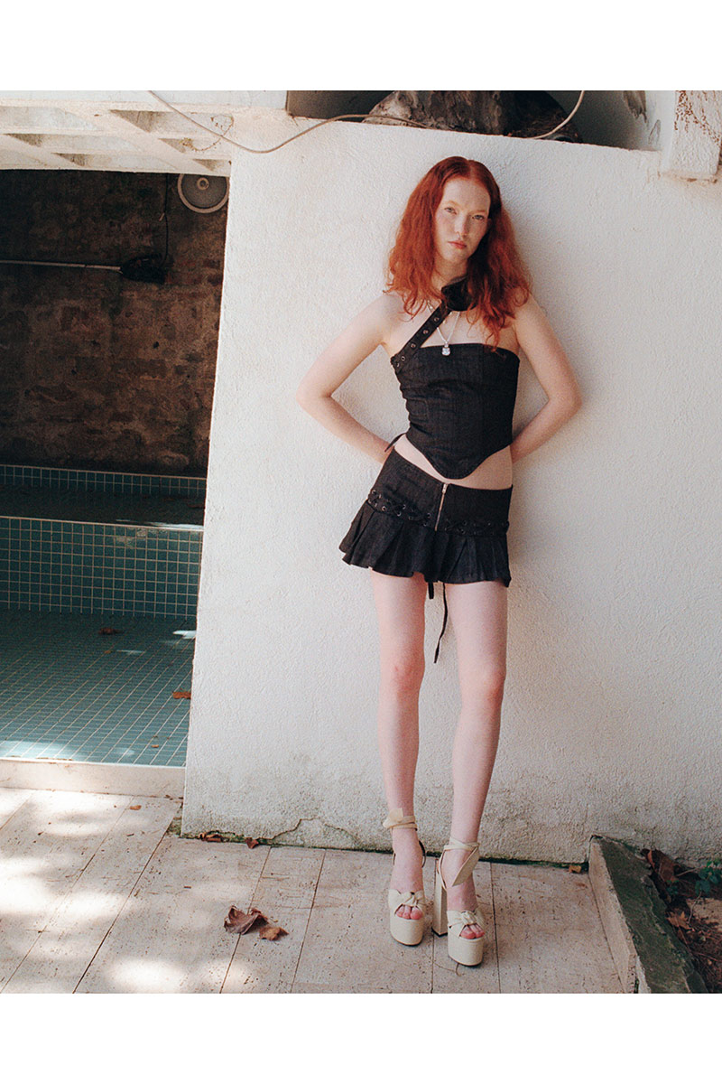 Dark Antrasit Kuşgözü Detaylı Kot Büstiyer & Mini Etek Takım