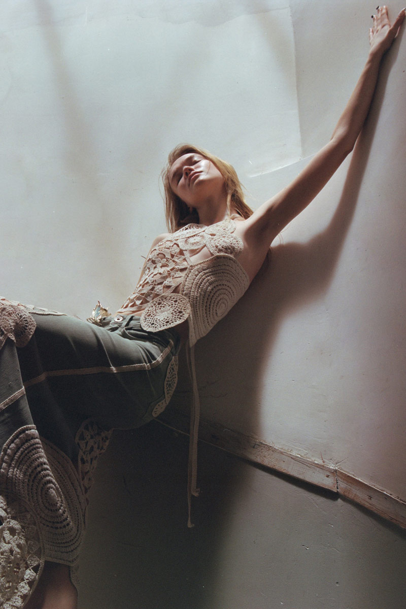 Yeşil Güpür Detaylı Kot Etek